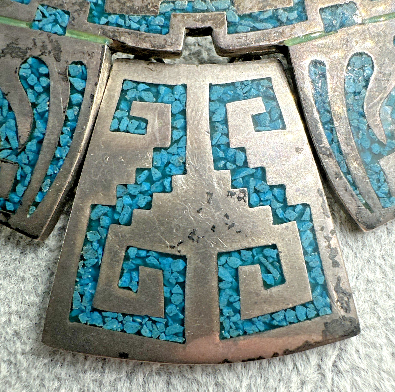 Vtg Taxco Sterling Turquoise Chip Inlay Panel Necklace 16.5″ 91.5g Signed PVB