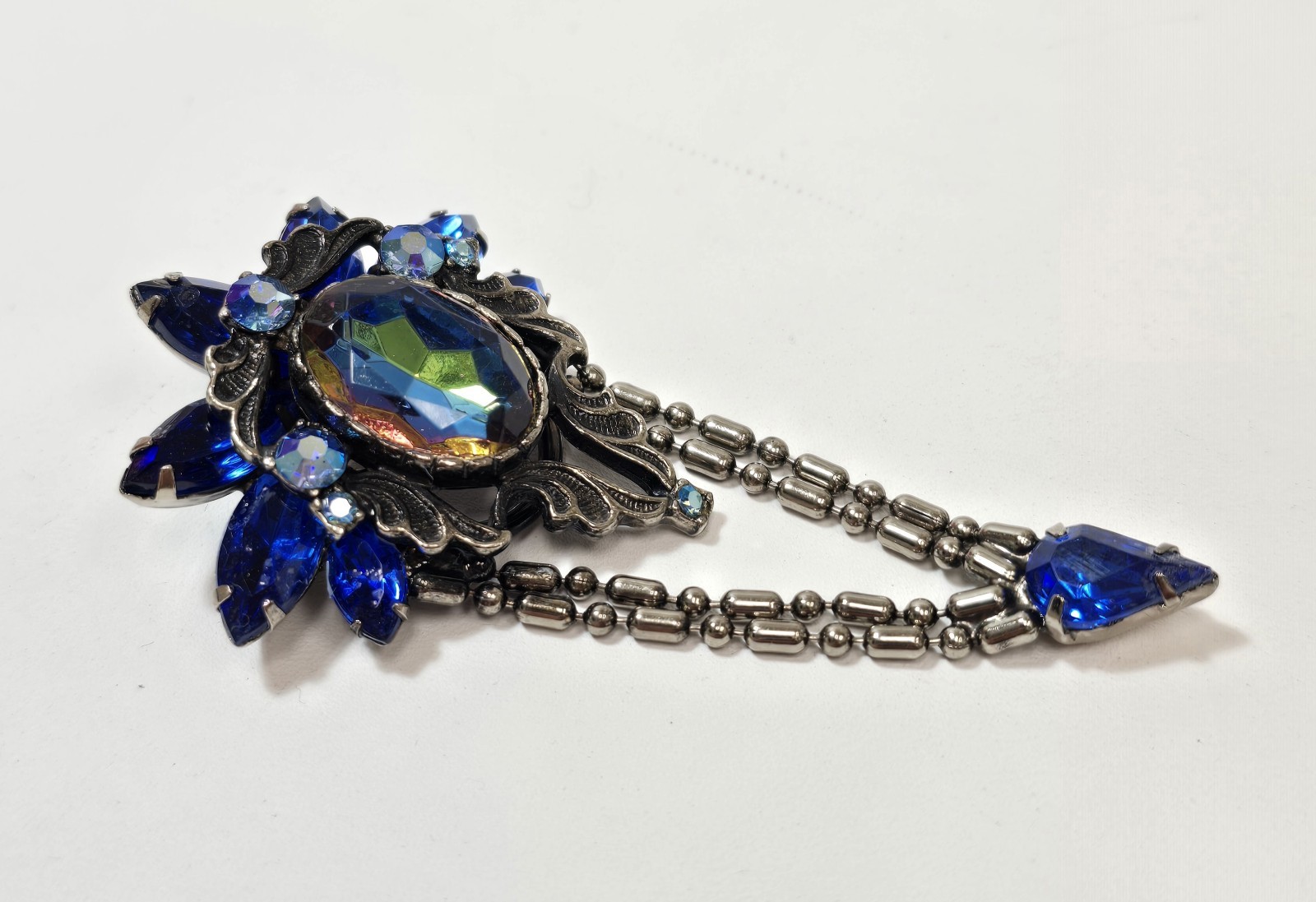 Vintage Juliana Vitrail Blue Rhinestone Ball Chain Dangle Brooch