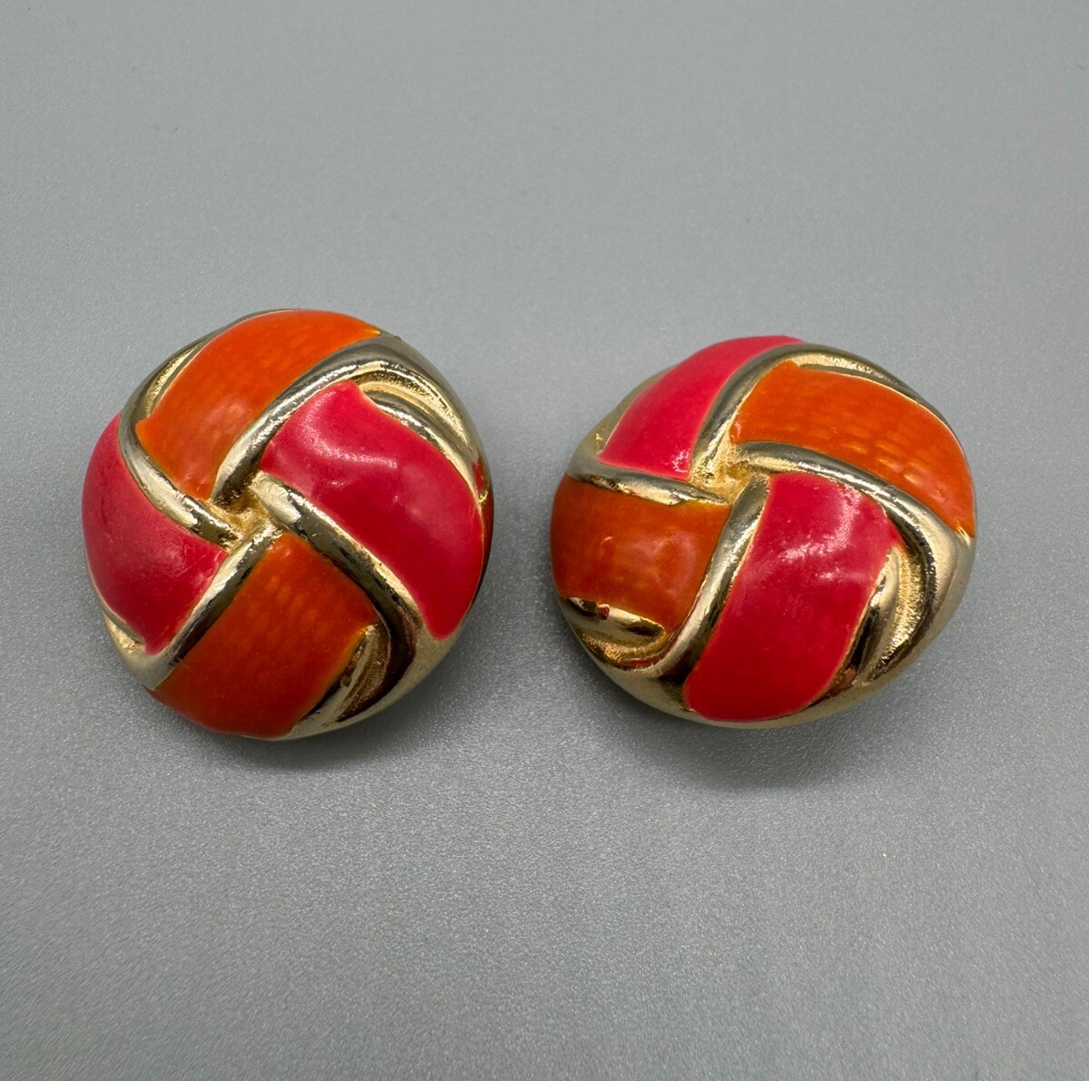 Vintage Gay Boyer Intervene Red Orange Enameled Gold Tone Clip On Round Earrings