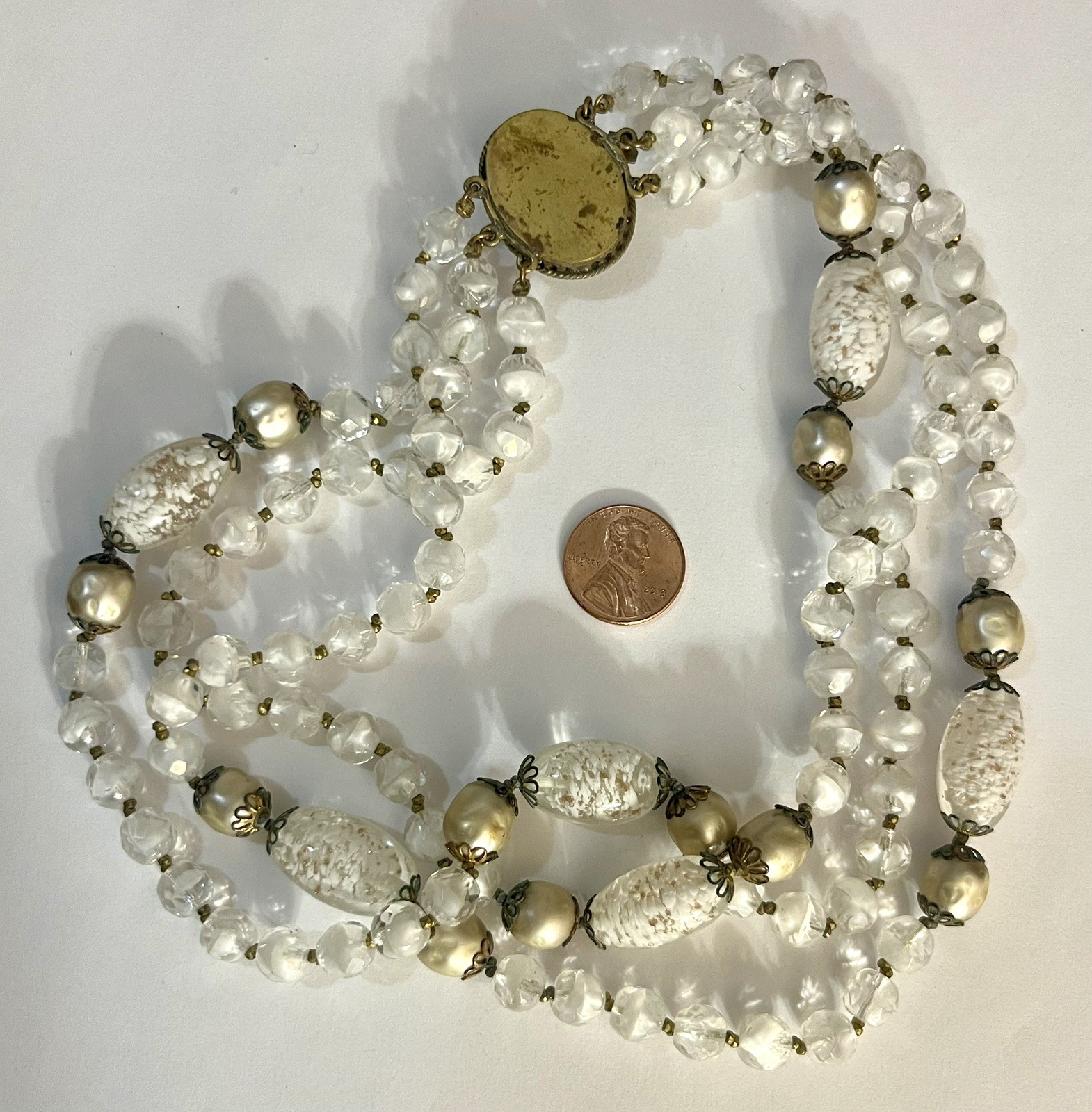 Vintage Foil Glass Necklace Murano Multistrand White Beaded Estate Jewelry Rare