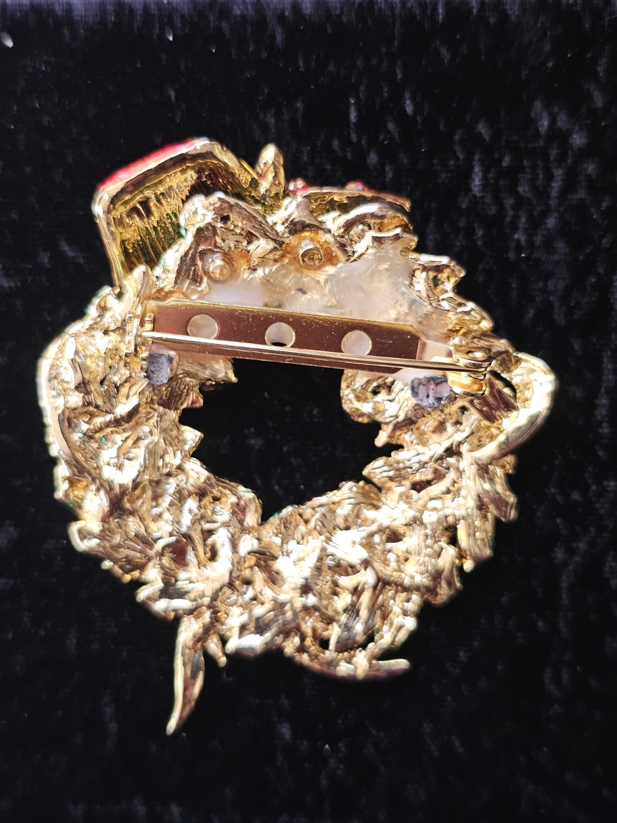 Vintage Red Hat Society Enamel Rhinestone Wreath Brooch Purple Ribbon