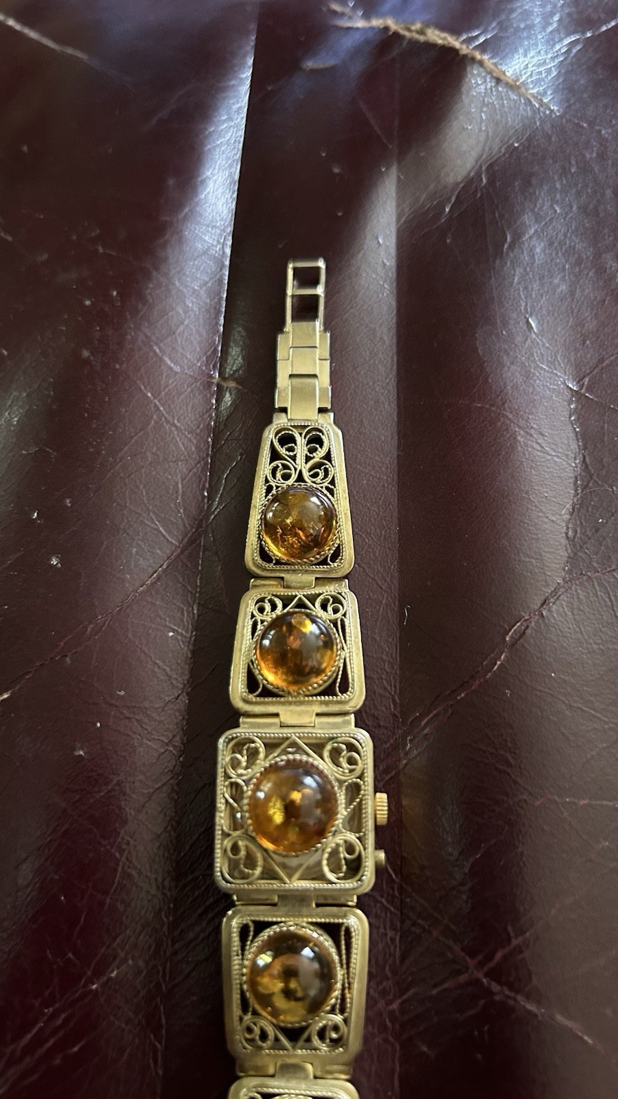 Vintage MCM Chika Baltic Amber Gold Plated 1950s USSR Hidden WATCH Bracelet