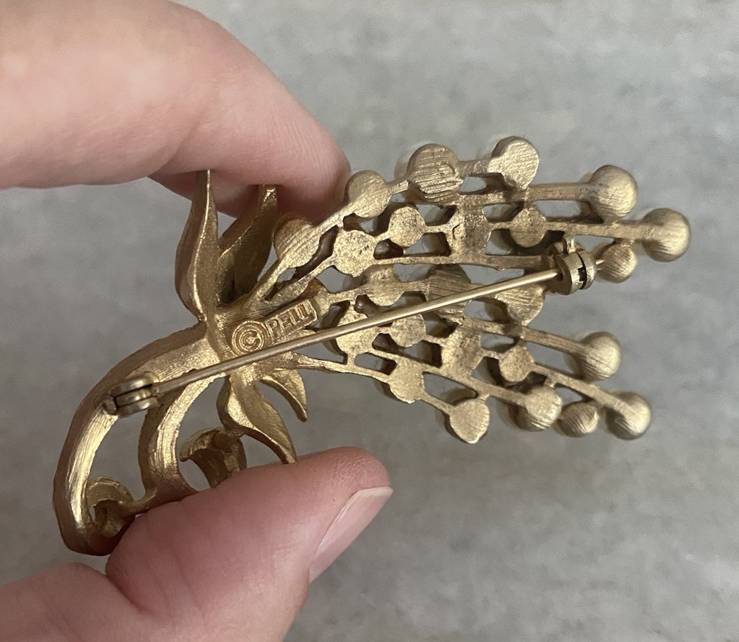 Beautiful Vintage Pell Faux Pearl Branch Grapes Leaves Brooch Pin