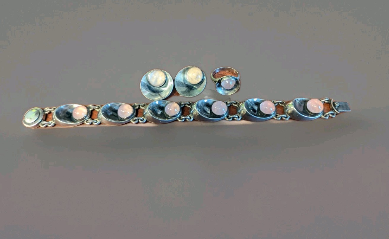 Niels Erik From modernist rose quartz And Sterling Bracelet, Earrings And…