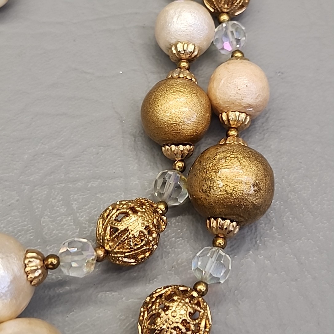 Vintage Beaded Necklace AB Cream Gold Tone Filigree Balls Layered 16″