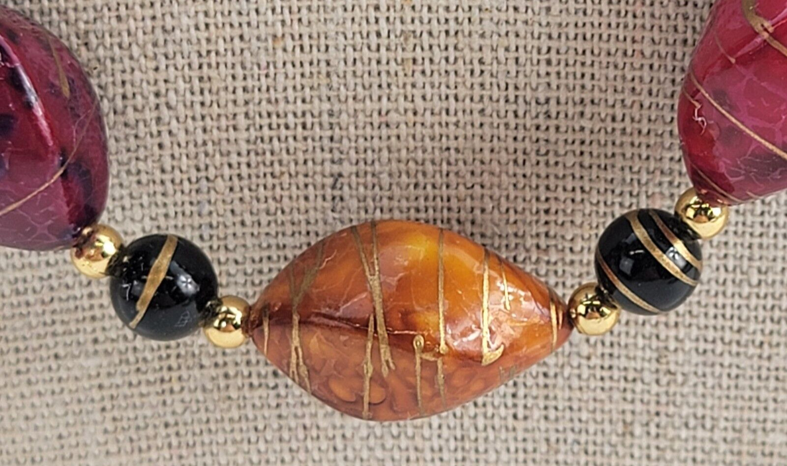 Vintage Colorful Twisted Plastic Bead Necklace Gold-Tone Detail 23.5 in