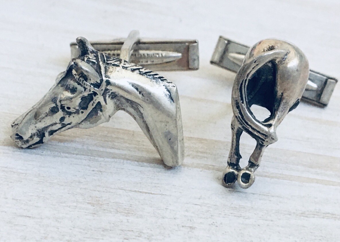 Horse Head & Tail Cufflinks 925 STERLING Silver Western Unique VTG Father’s Gift