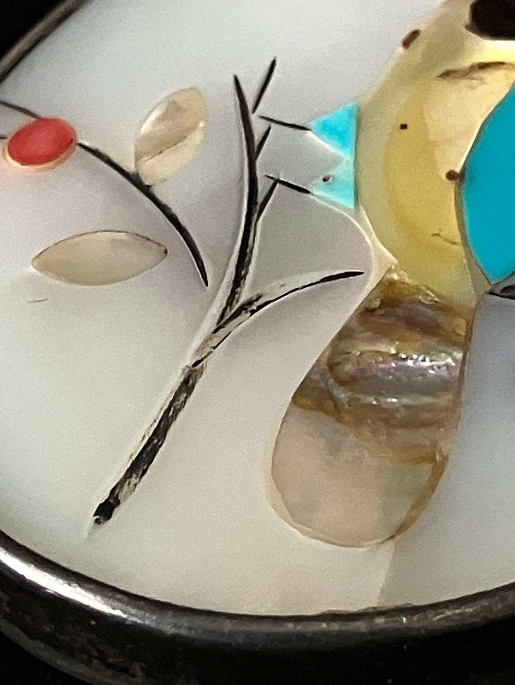 Vintage Multi Stone Inlay Pendant Bird Mother of Pearl Sterling Signed READ