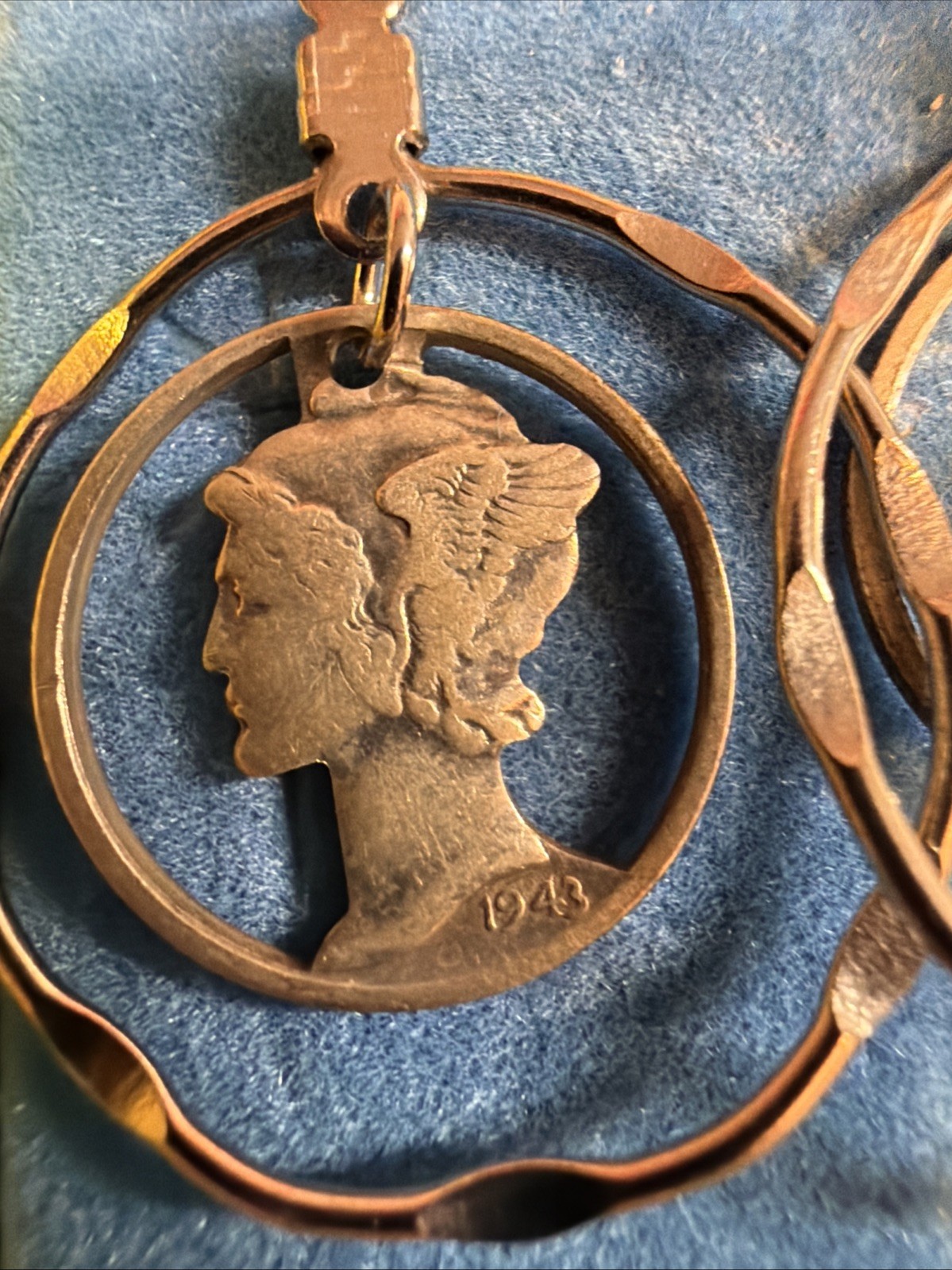 Estate Vintage Silver Pierced Double Hoop Mercury Dime cut out earrings 1935@43