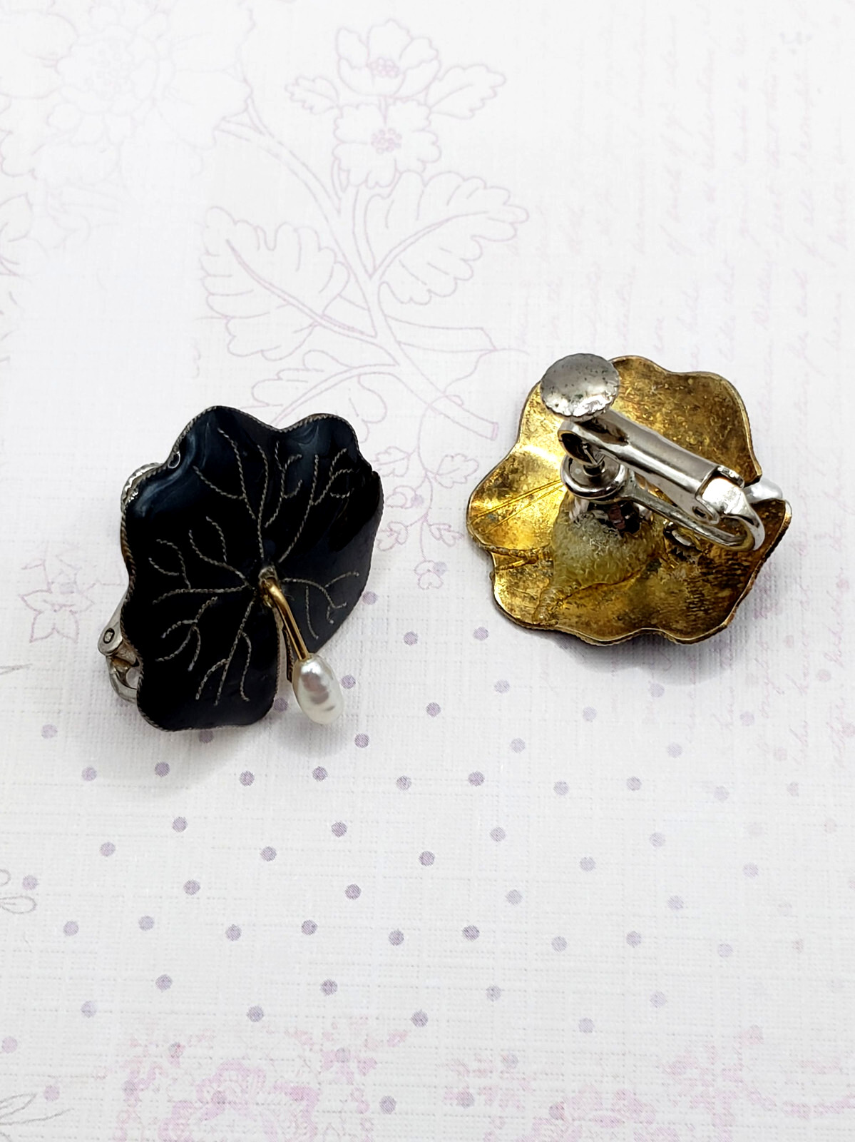 Vintage 14K Gold Pearl & Black Coral Branch Brooch & Earrings Set