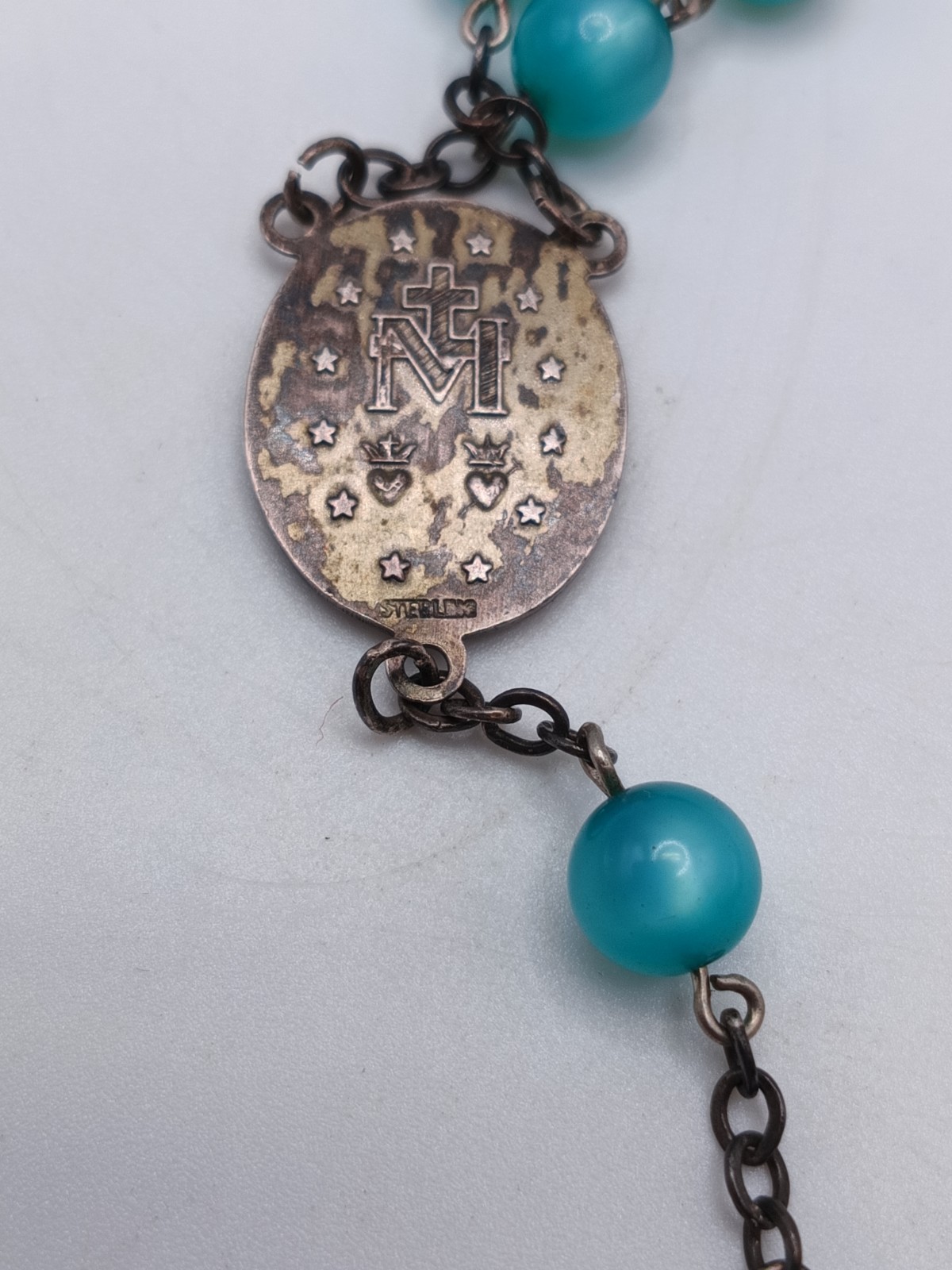 VINTAGE AFCO STERLING SILVER BLUE 58 Beads ROSARY CRUCIFIX Necklace