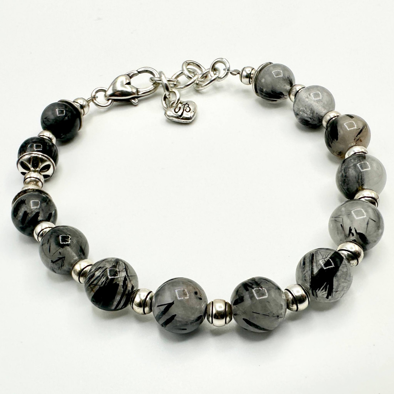 Vintage BRIGHTON Black Rutilated Quartz Beaded Bracelet Gray Marbled Silver Tone