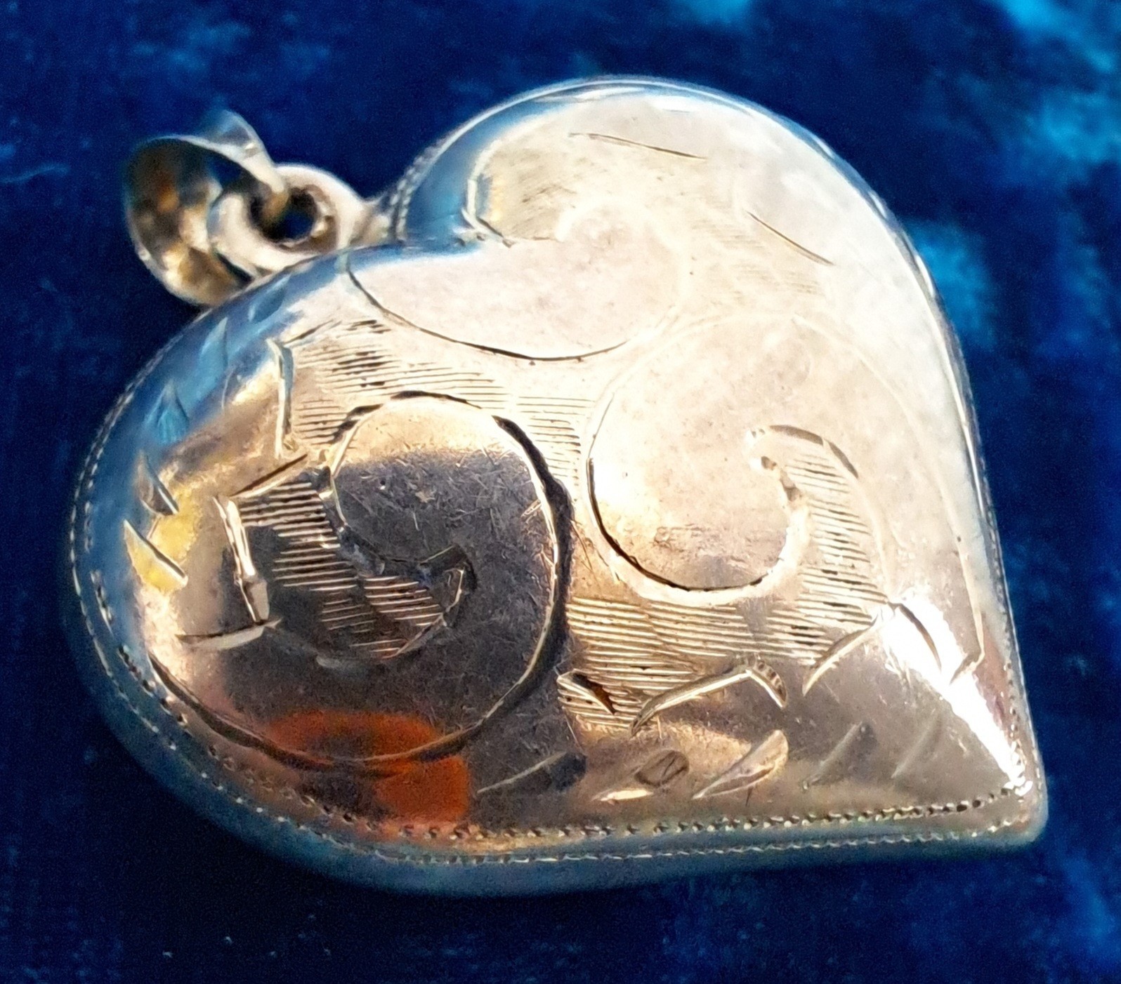 Vintage Puffy Heart Pendant Necklace Etched Design Included SS Chain 925