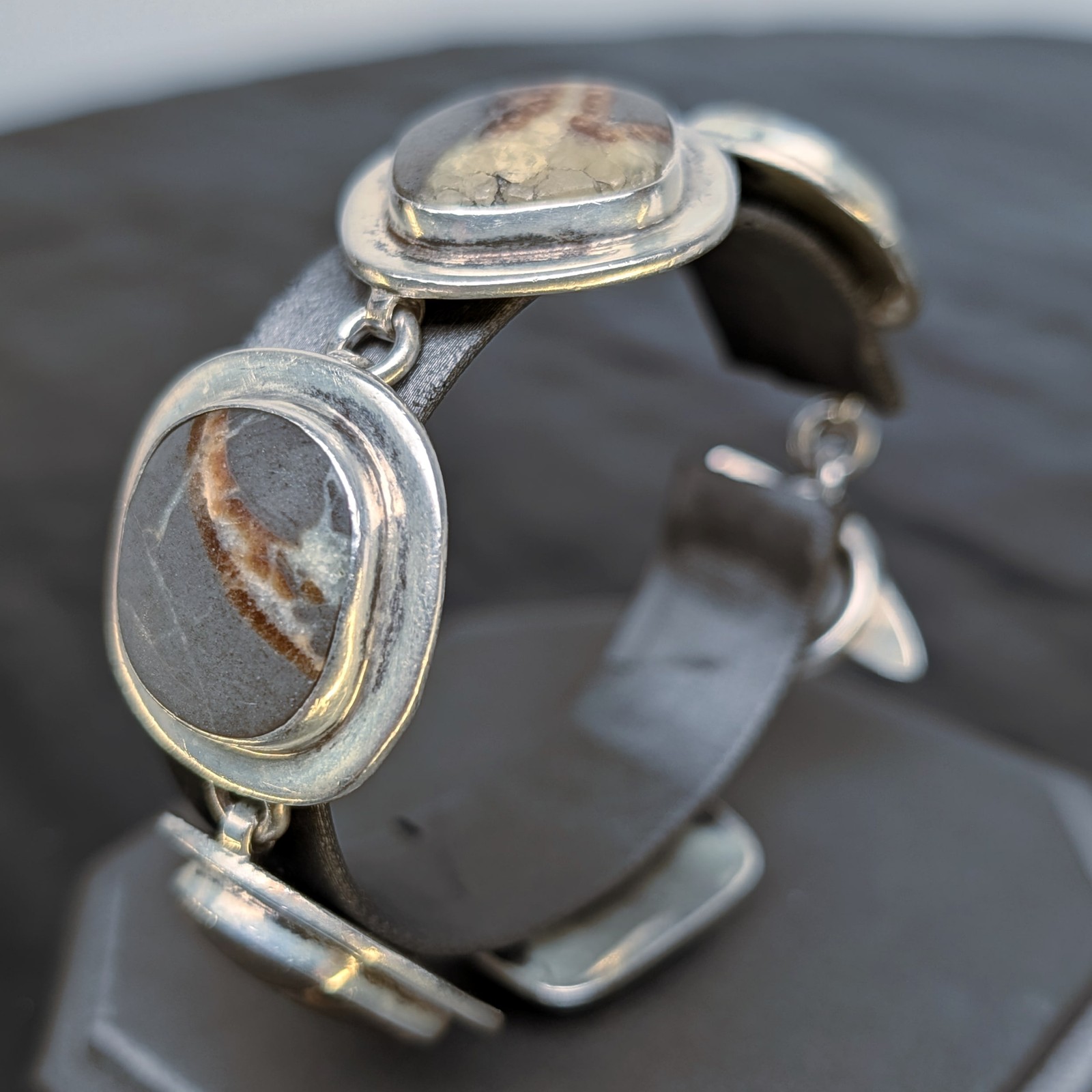 Vintage 925 Sterling Silver Bracelet+Linked Cabochon+Chunky Jasper Stone⭐