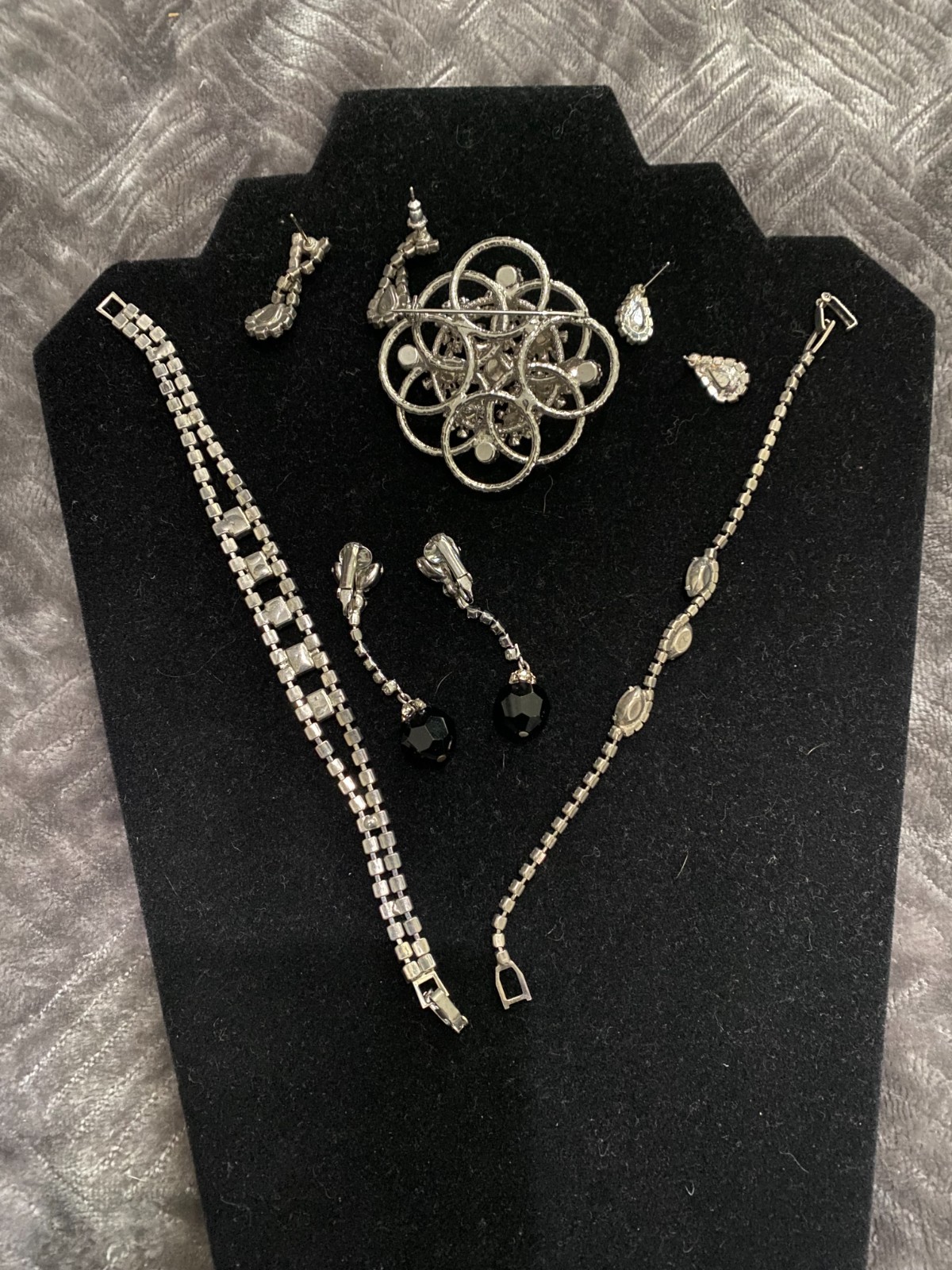 Vintage MCM Black White Clear Rhinestone Jewelry Lot 6 Brooch Bracelets Earrings