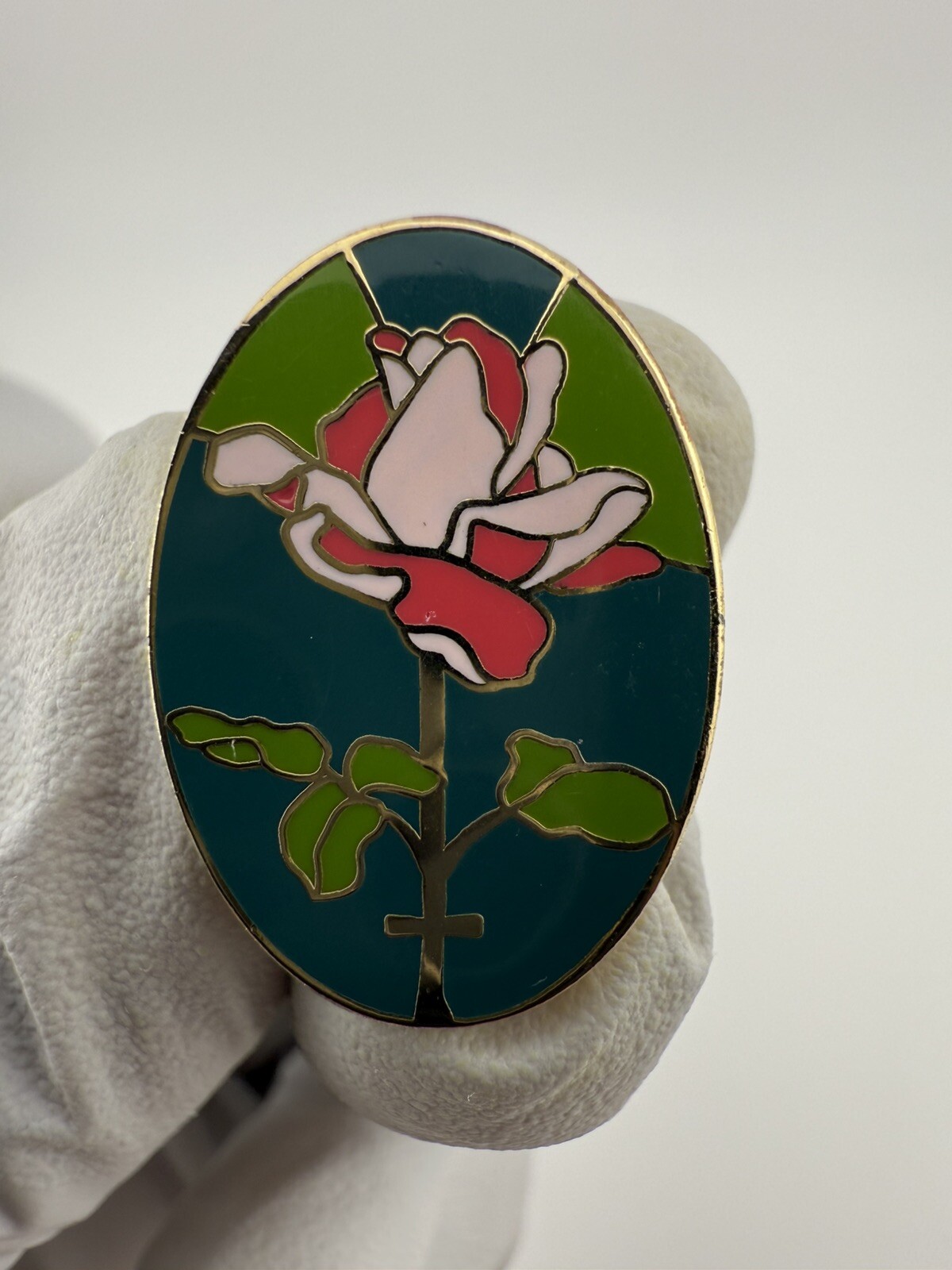 Vintage Green & Pink Rose W/ Cross Valley Casting Gold Tone Enamel Pin