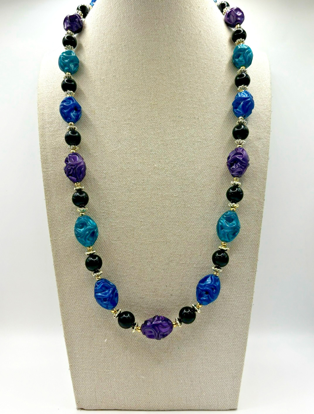 Vintage Purple Teal Blue Black And Silver Tone Crinkled Bead Necklace 24 Inch