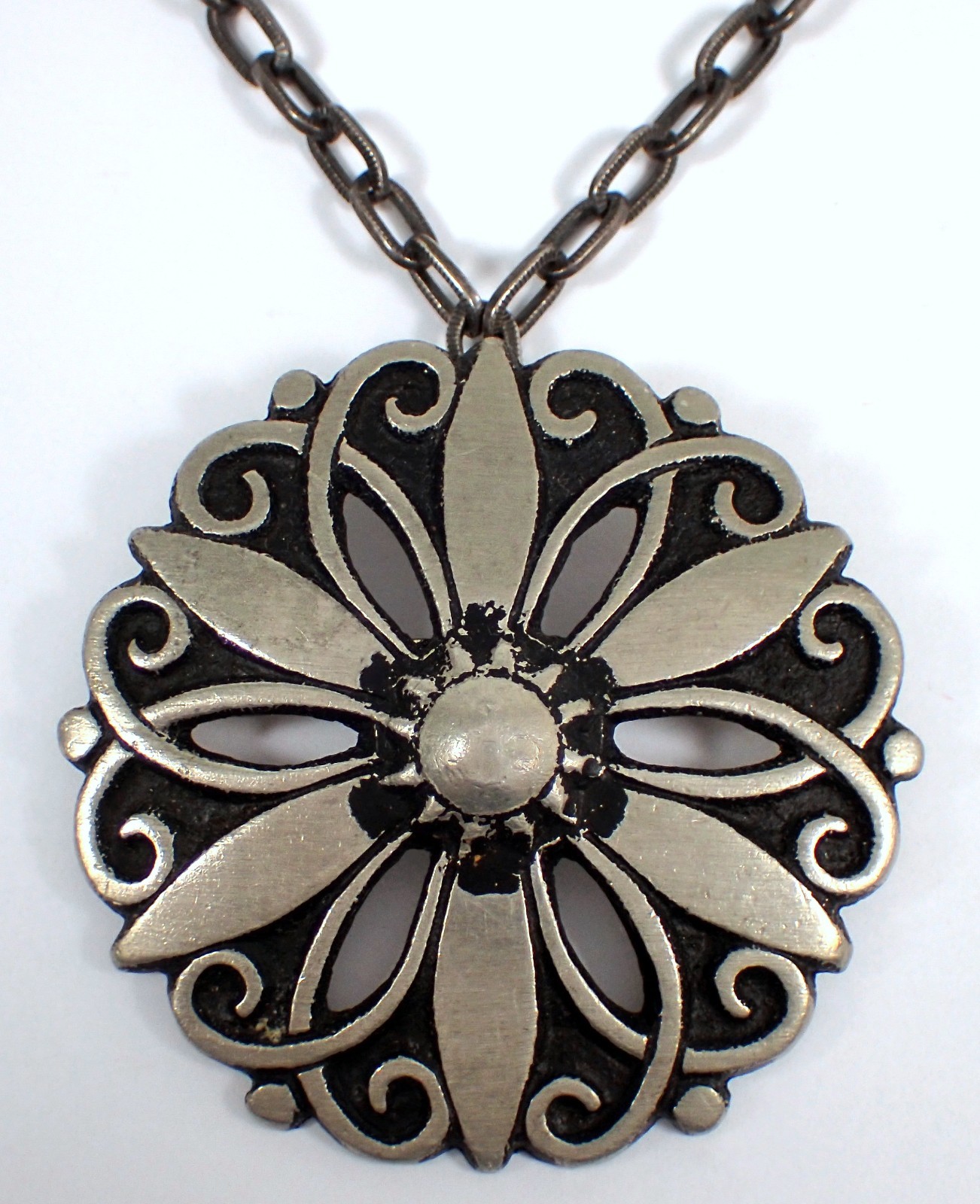 HUGE Vtg MCM Borje Tennung Sweden BT T9 Pewter Flower Brooch Pendant Necklace