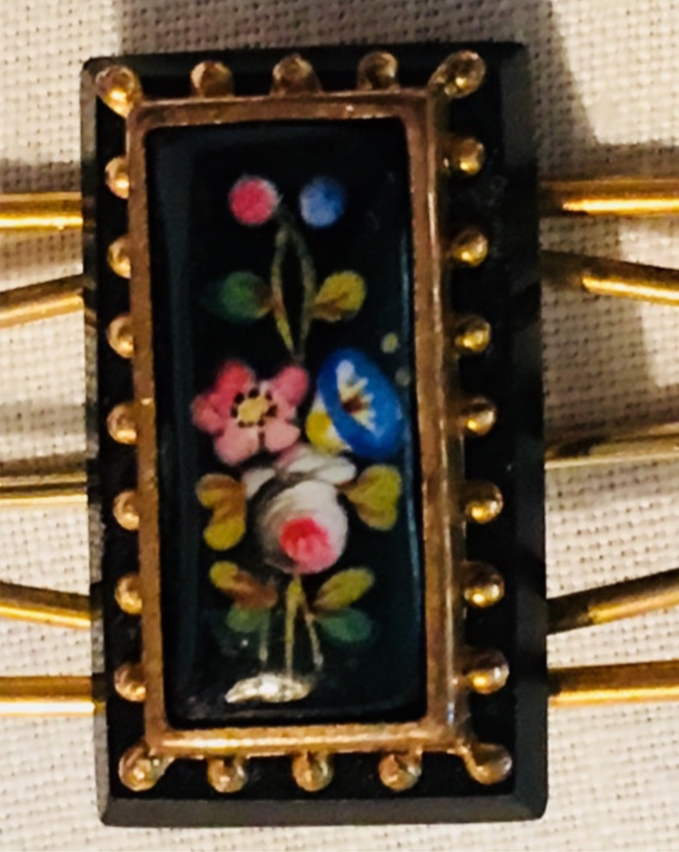 Victorian Hand Painted Onyx Rose Lily Gold Floral Large Brooch Pin