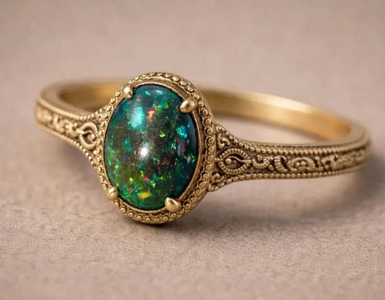 Black Opal Ring Vintage Gold Tone Oval Opal Engagement Promise Ring Women