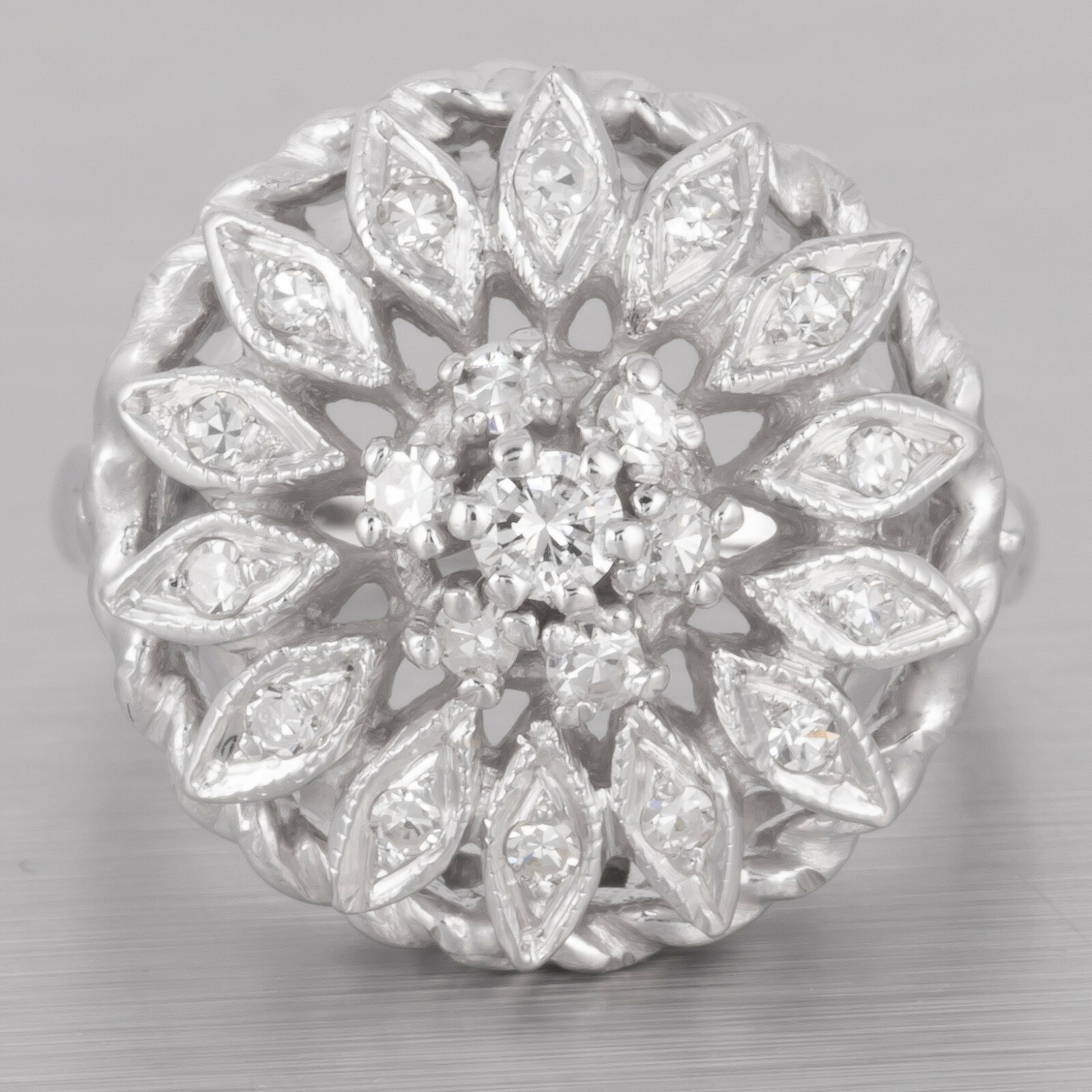 Antique Art Deco 14k White Gold Diamond Floral Double Halo Milgrain Ring 0.35ctw