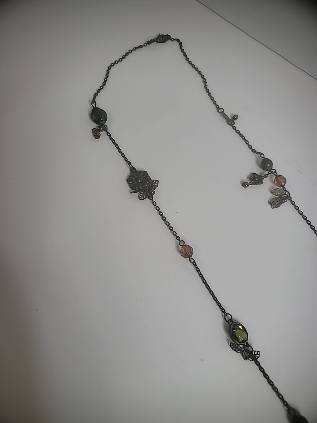 Vintage Bronze Tone Necklace Flowers Beads Leaves Flapper Jewelry Costume