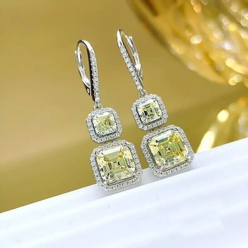 Asscher Cut Citrine Lab Created Diamond Special Engagement 925 Silver Earrings