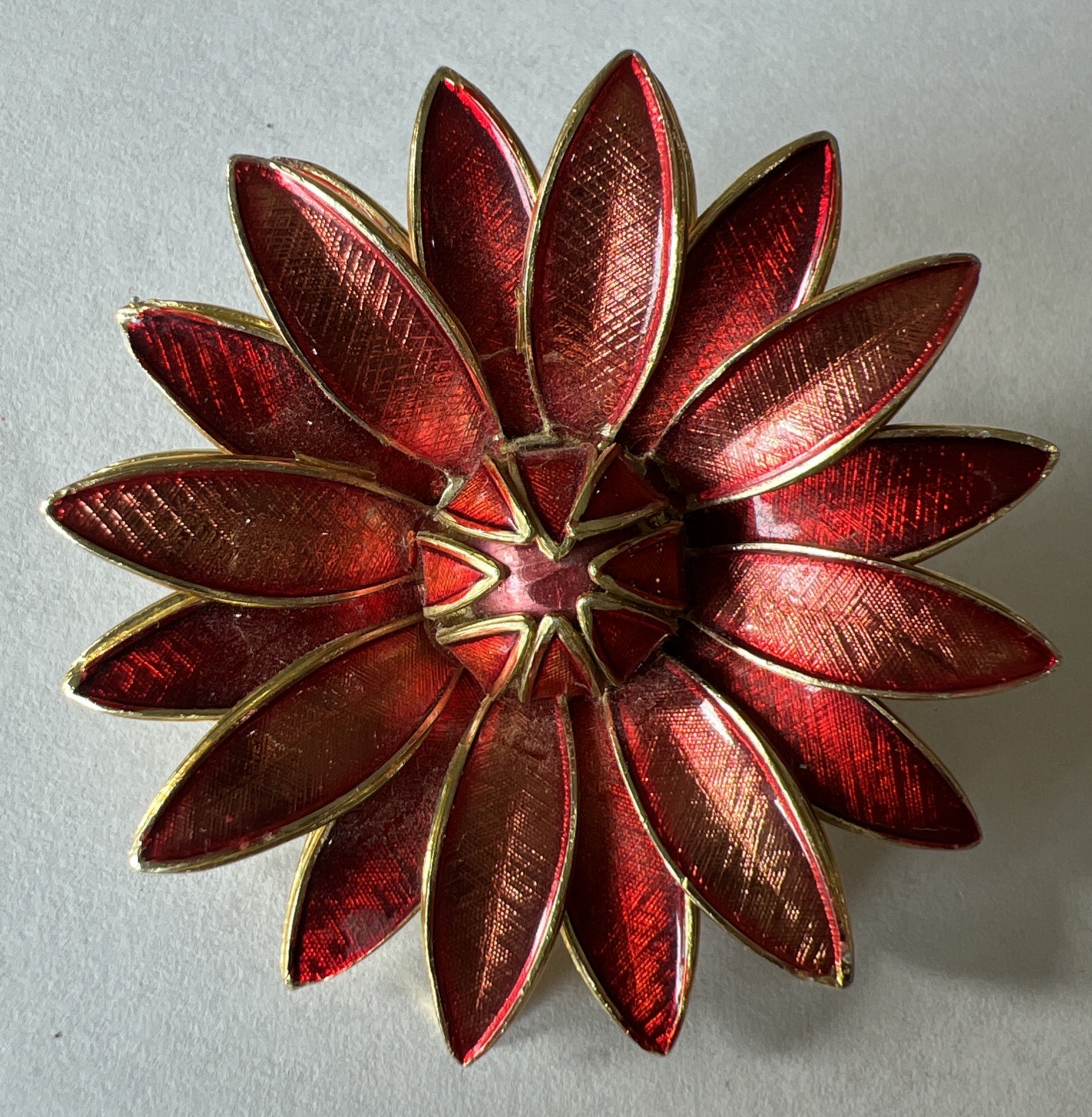 Red Flower Layered Brooch Iridescent Petals Gold Trimmed 2” P