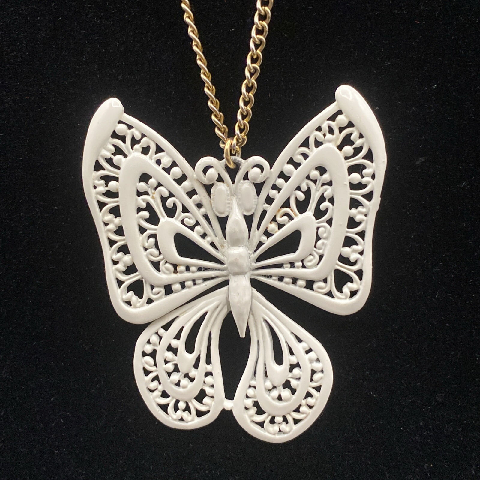 Vintage White Enamel Articulated Large Butterfly Gold Tone Open Link Chain Mod