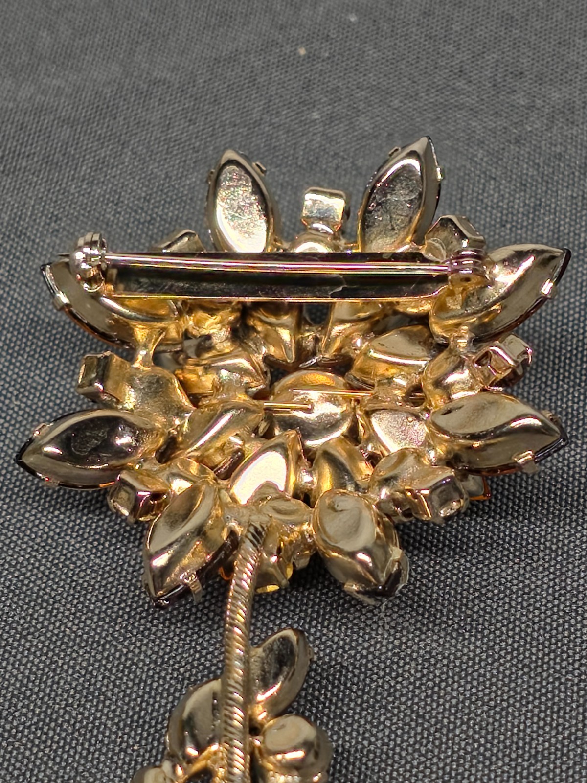 Vtg Tiered Amber Topaz Rhinestone Flower Brooch 4.25″ Large Stem Pin Foil Back