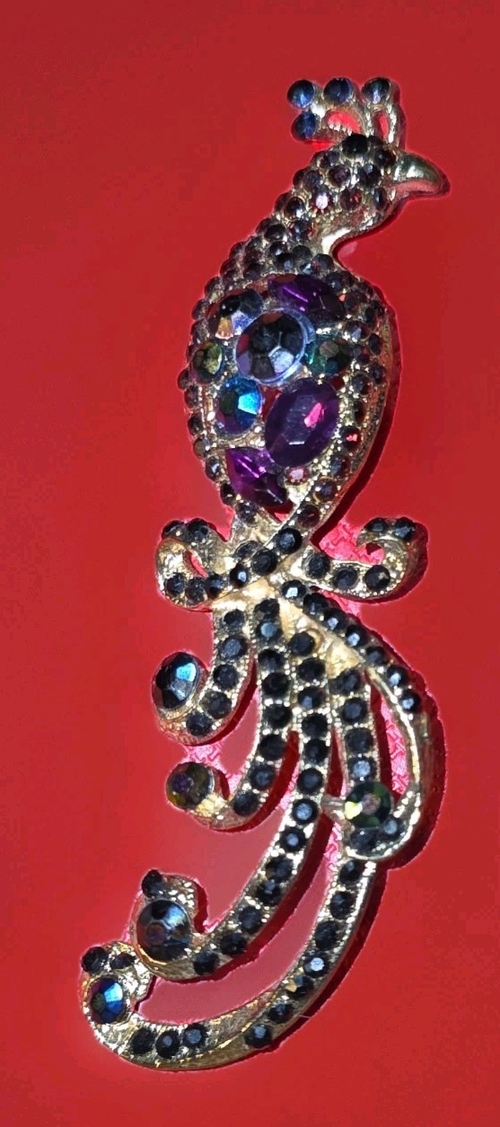 Vintage Colorful Peacock Purple Blue Aurora Borealis Faceted Rhinestone Brooch