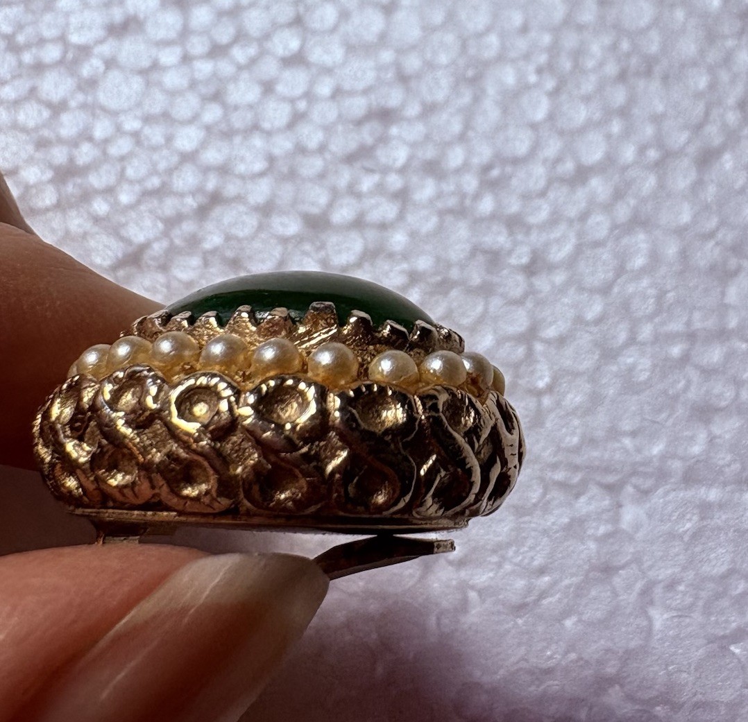 Vintage Zentall Clip On Earrings Green Cabochon Pearl Halo Gold Tone MCM Classic