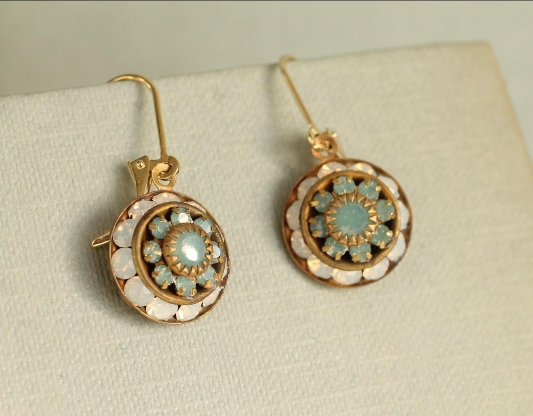 SALE VINTAGE SWAROVSKI OPAL PACIFIC GREEN BLUE & OPAL MOONSTONE CRYSTAL EARRINGS