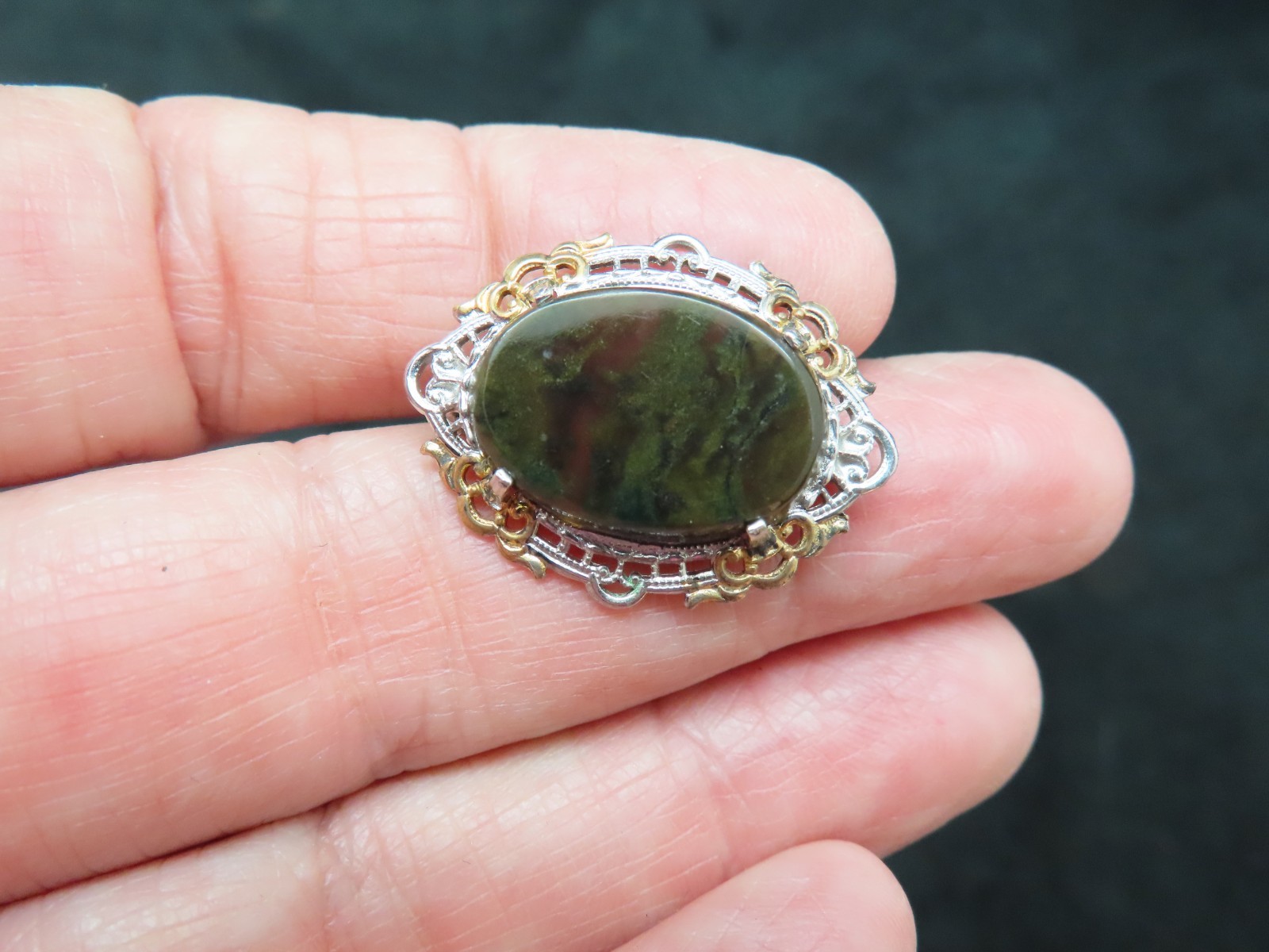 Sterling w/Gold Wash 1930’s Moss Agate Brooch Heirloom Quality