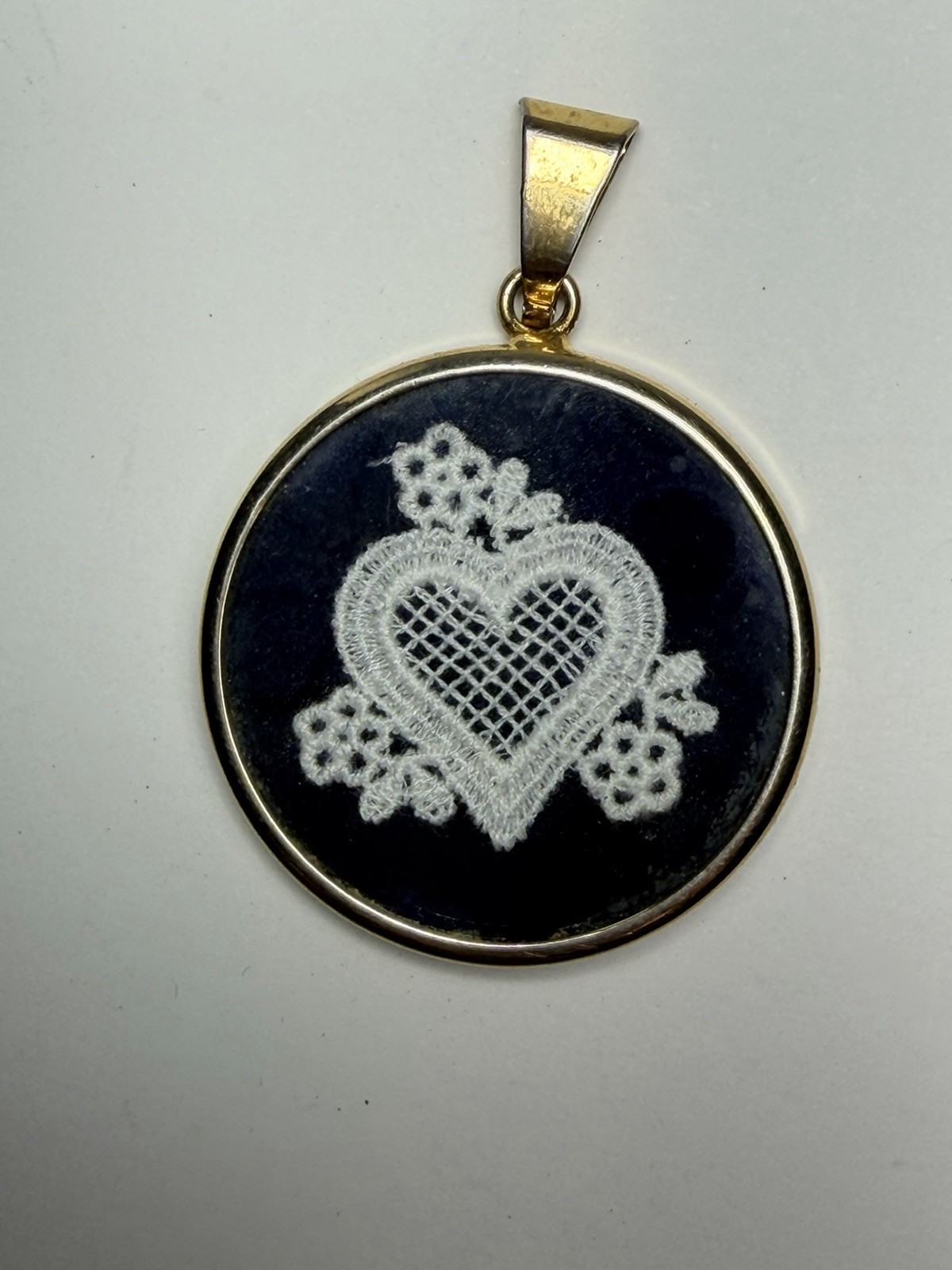 Vintage Pendant Gold Tone Frame Crotchet Lace Heart And Flowers 1.5” X 1.75”