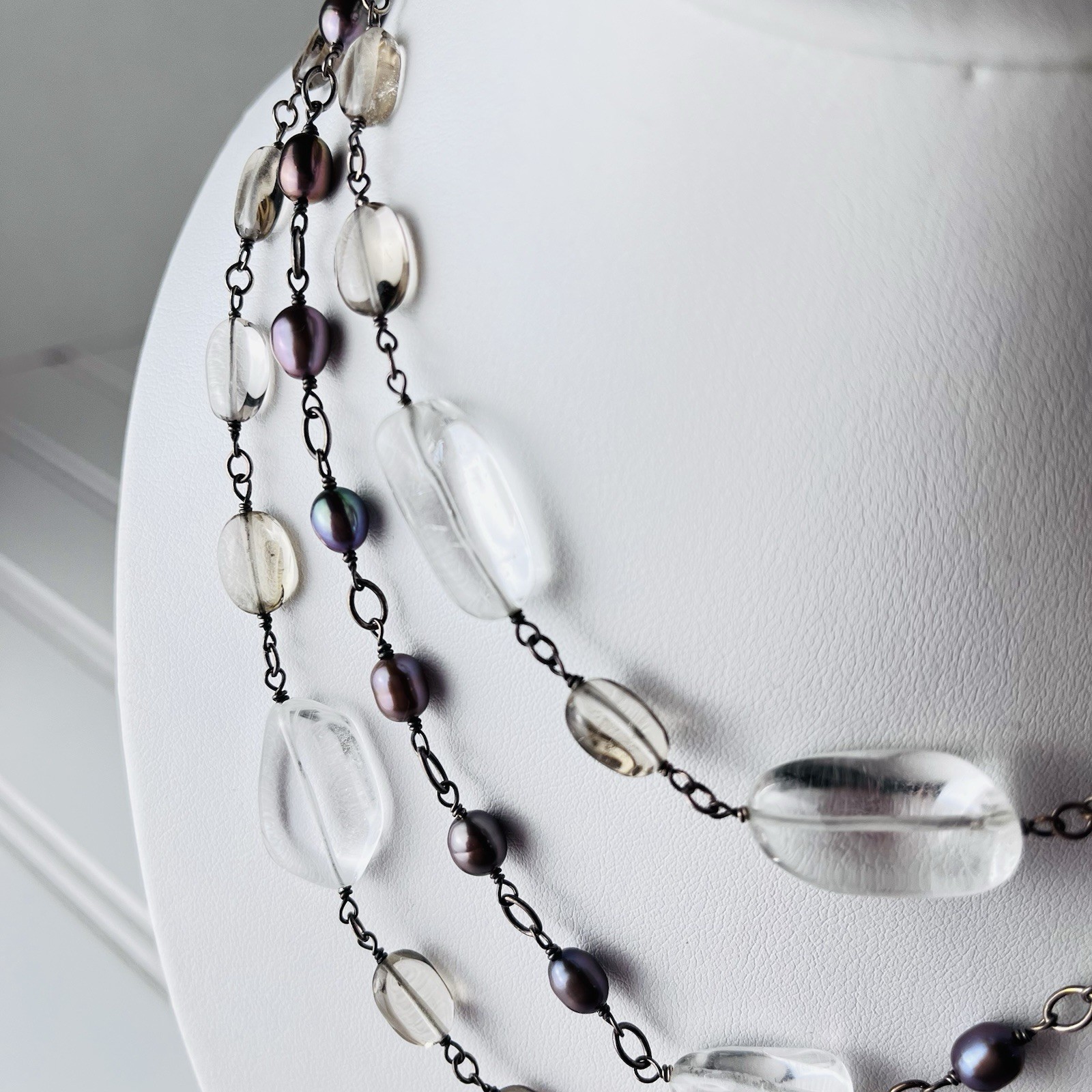 Vtg Rock Crystal & Peacock Pearl 3-Strand Necklace – 15” – Draped -Toggle Clasp
