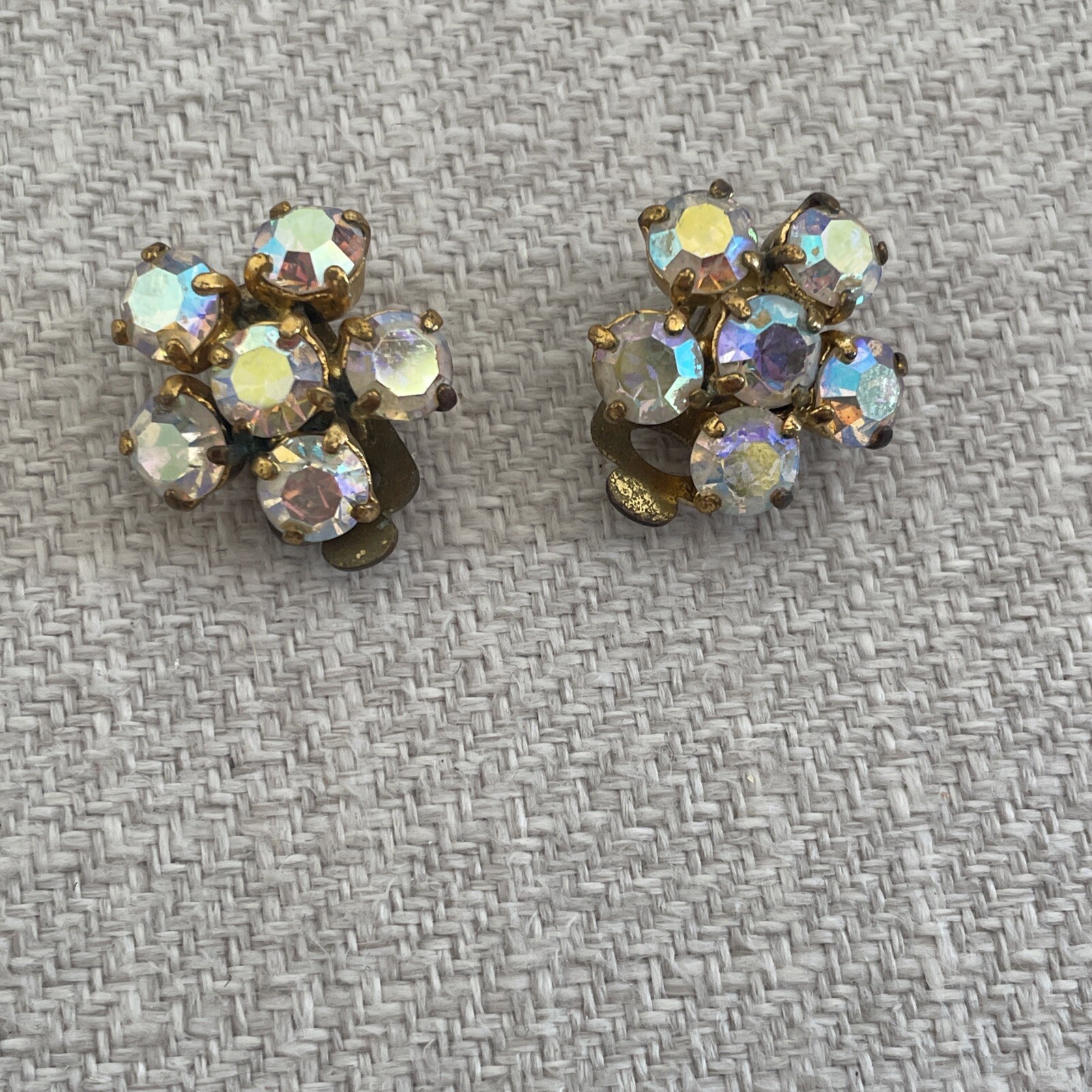 Vintage Floral Cluster Rhinestone Crystal Clip On Earrings Aurora Borealis