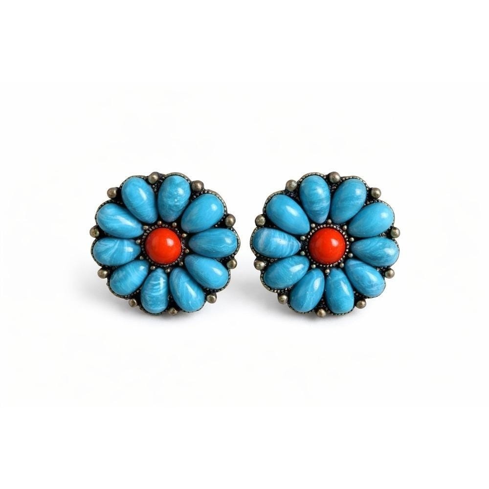Vintage Flower Clip On Earrings Coral Resin Western Turquoise Style