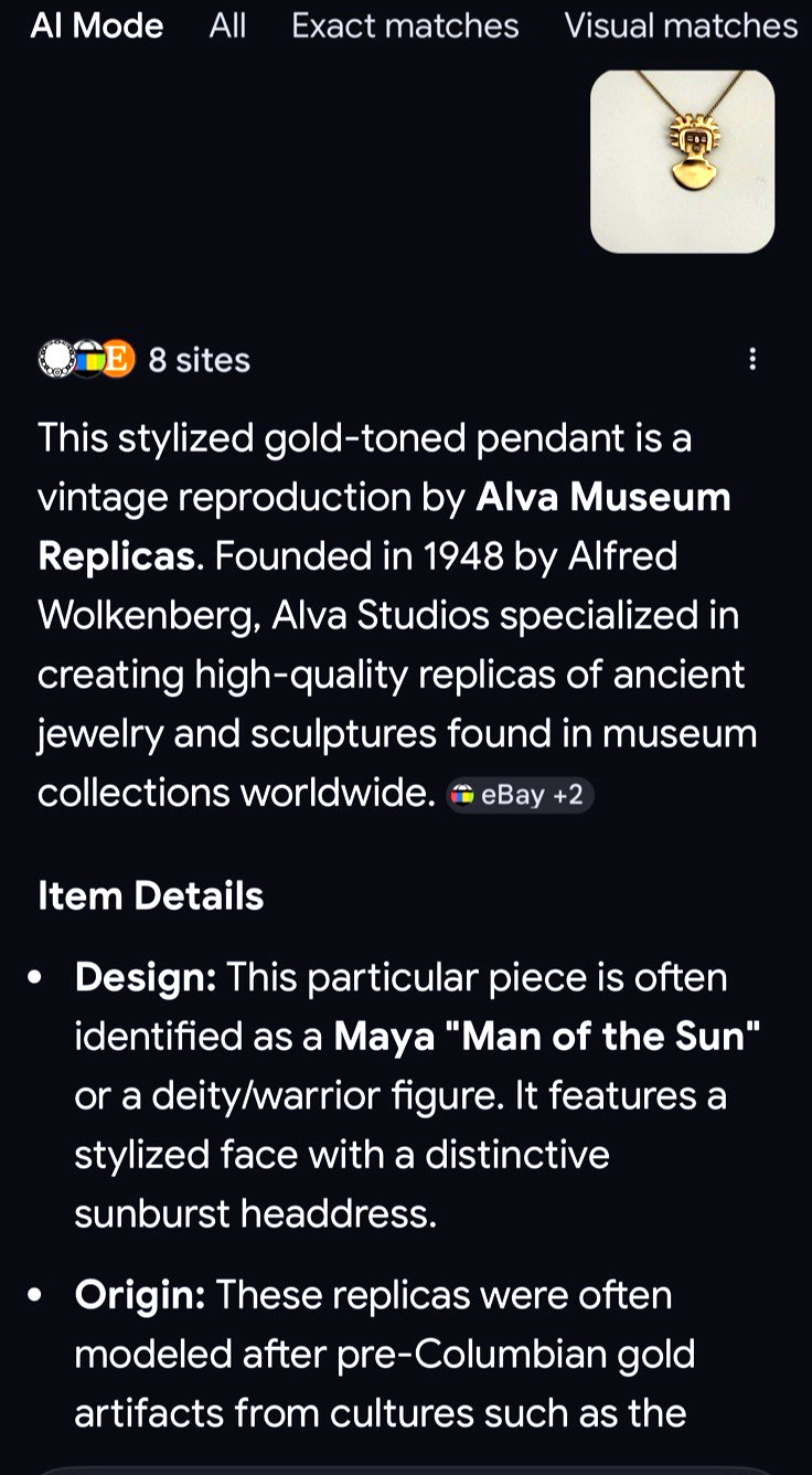 Vintage ALVA MUSEUM REPLICAS Maya ‘Man of the Sun’ Gold Tone Pendant Necklace