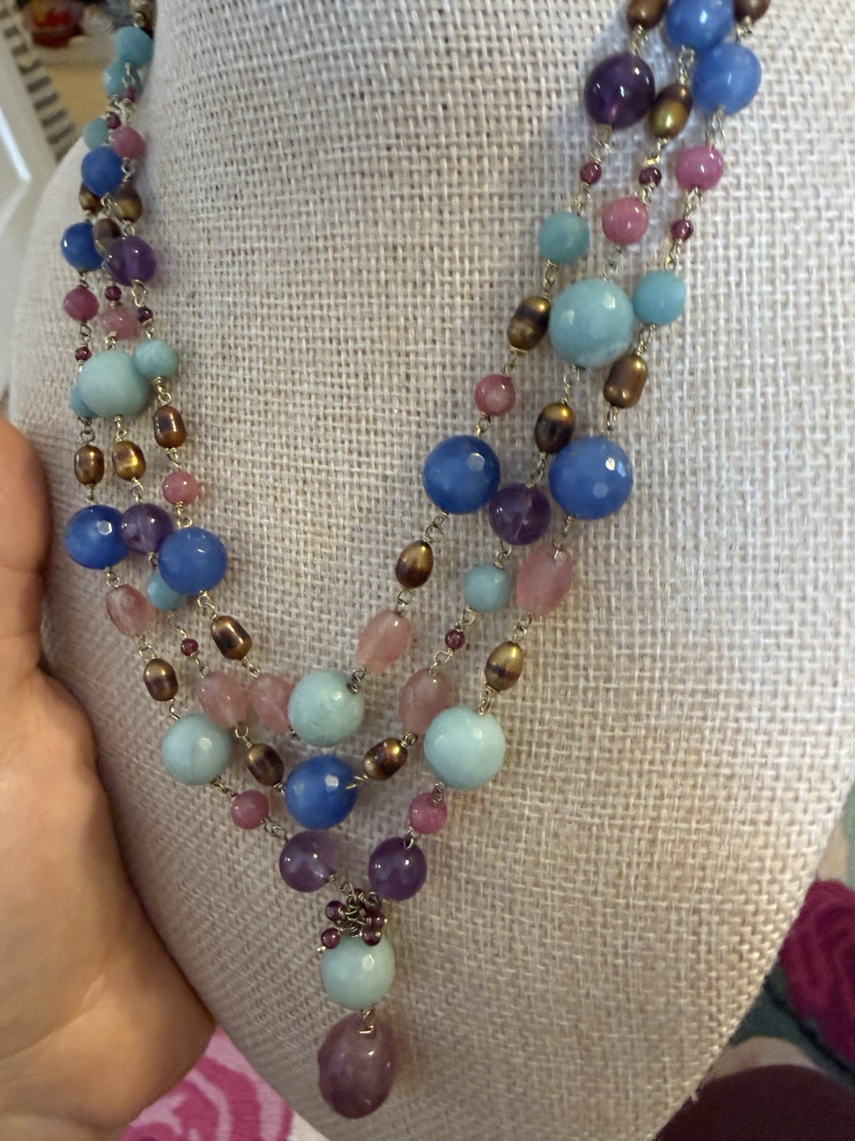 Beautiful Vintage Blue And Purple Beaded Necklace Three Layers Gold Hook Clasp