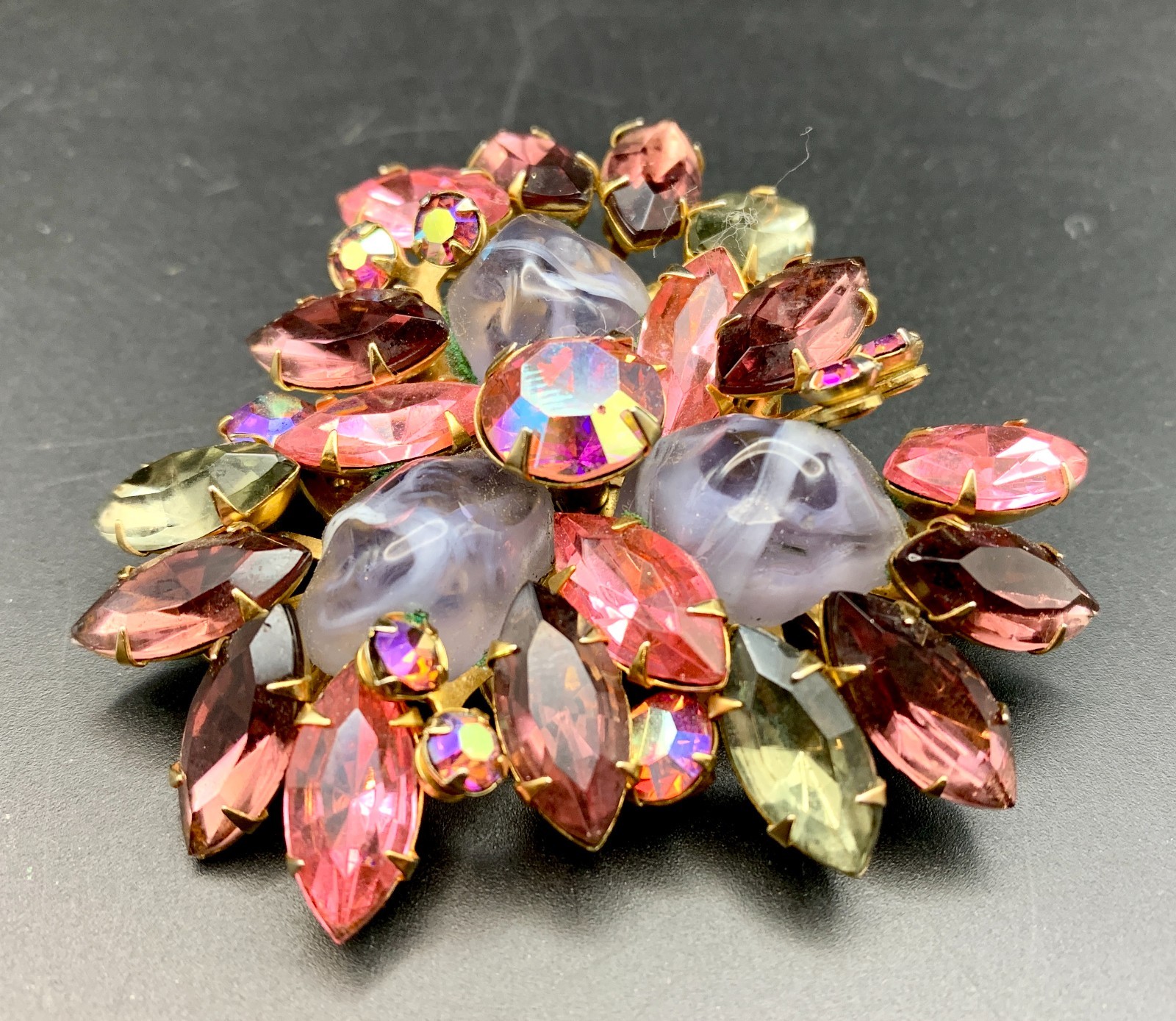 Vintage Beau Jewels Brooch Pink Purple AB Rhinestone Gripoix Glass Unsigned