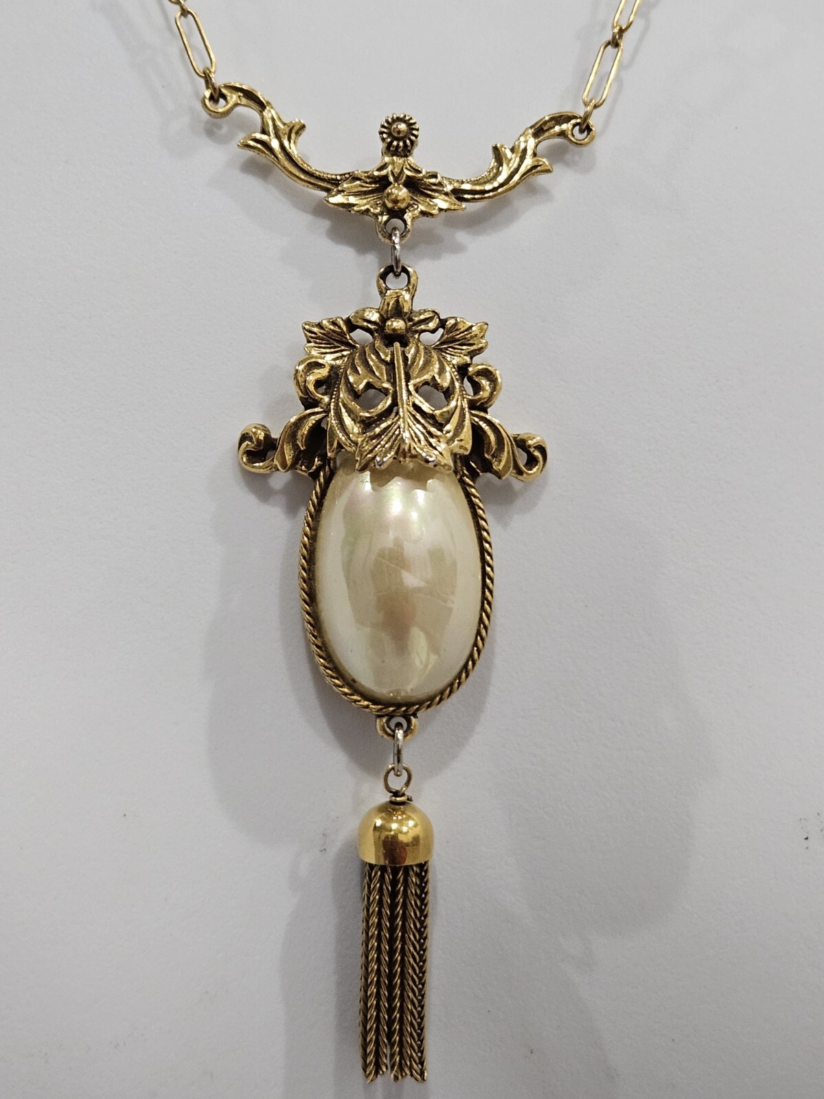Vintage Goldette White Faux Pearl Dangle Fringe Victorian Revival Necklace 60’s