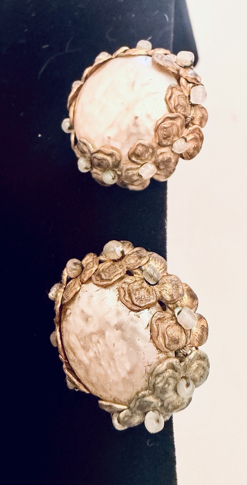 Vintage Miriam Haskell Brass Filigree Faux Pearl Clip On Earrings Mid Century