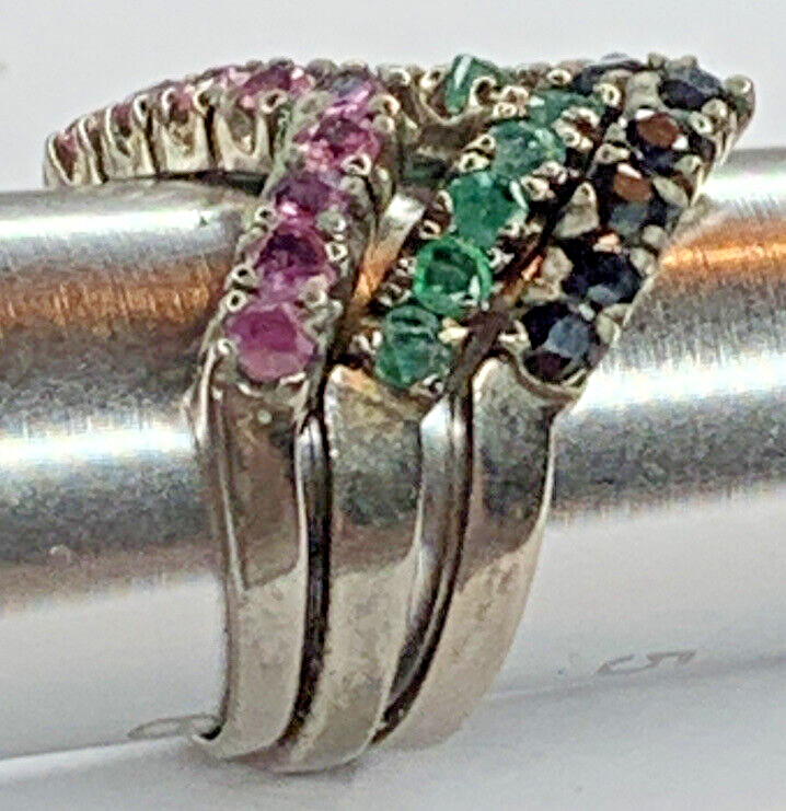 VTG Nikolas Sterling 925 Emerald Ruby Sapphire Chevron V Stackable Rings SZ 6