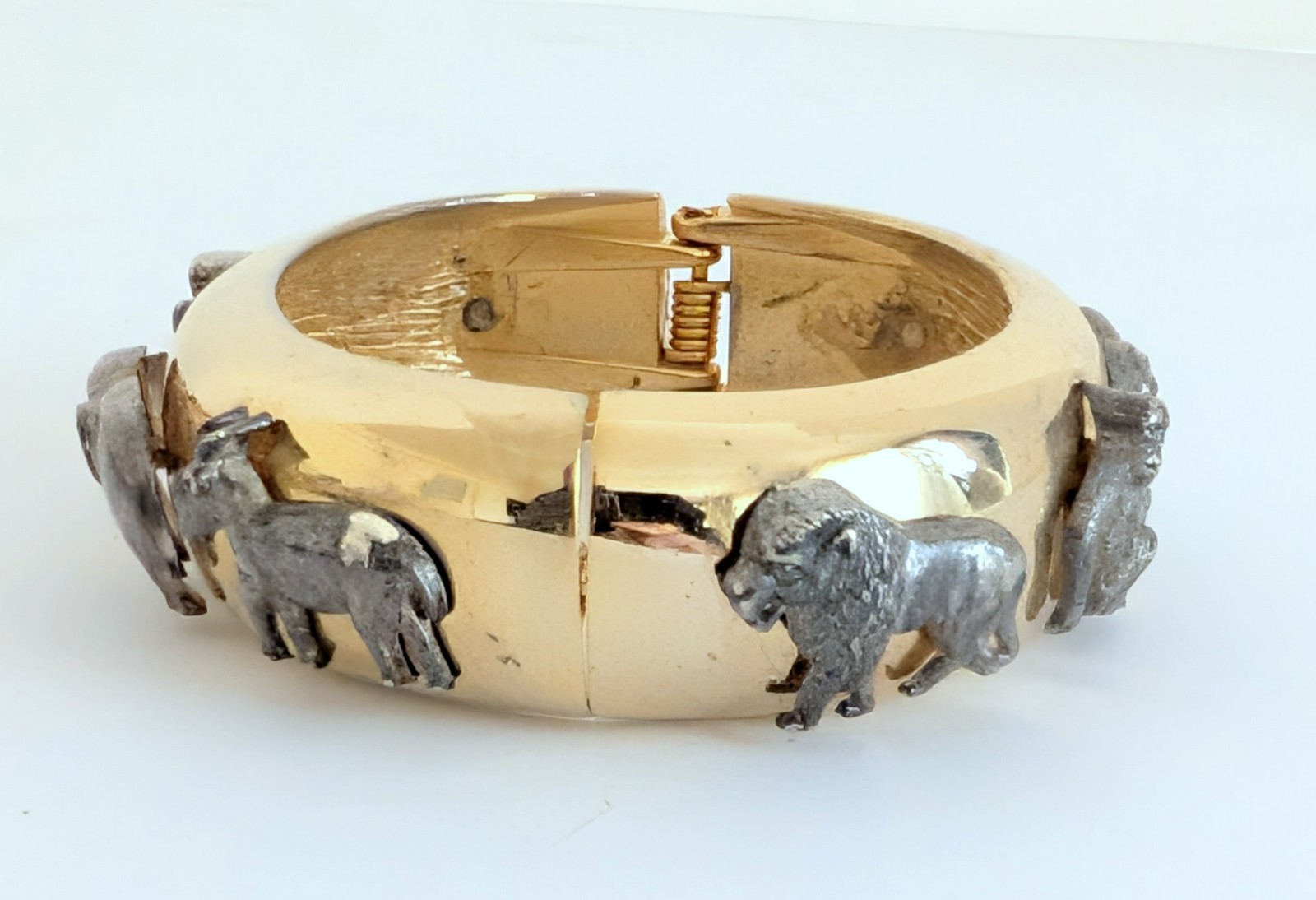 Vintage Gold & Silver Tone Animal Safari Statement Bracelet Monkey Elephant Rare