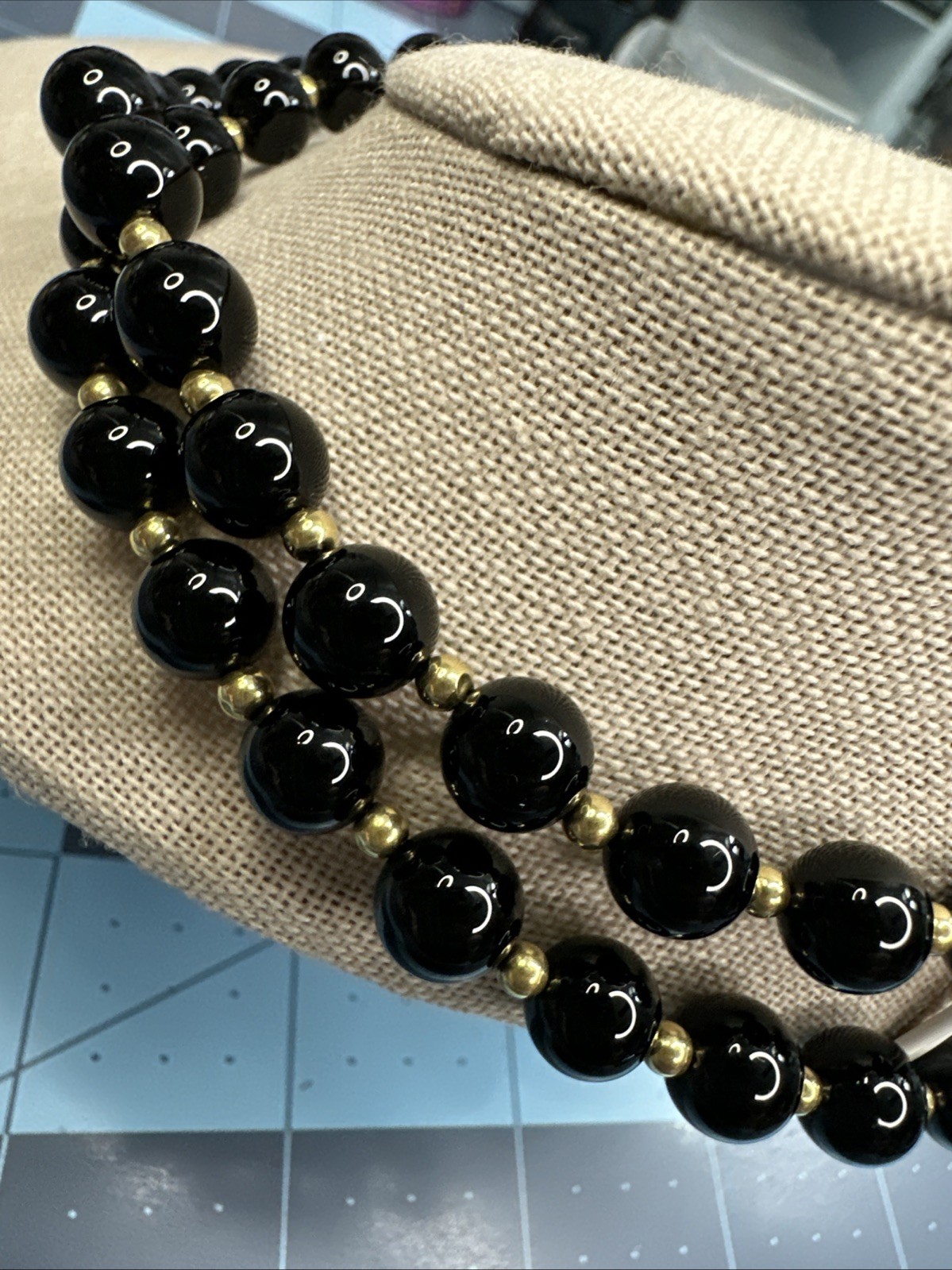 VINTAGE 1990’S 14K GOLD FILLED 8.4MM BLACK ONYX BEADS 26” NECKLACE Pullover J103