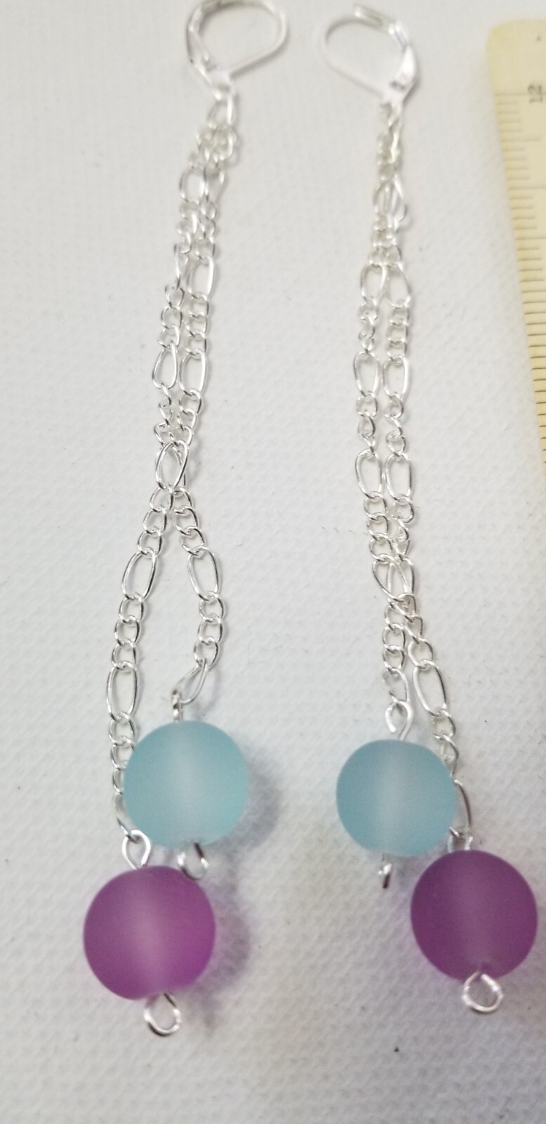 10mm Lt. Blue and Purple Seaglass 3+ in. leverback Double Dangle Drop Earrings