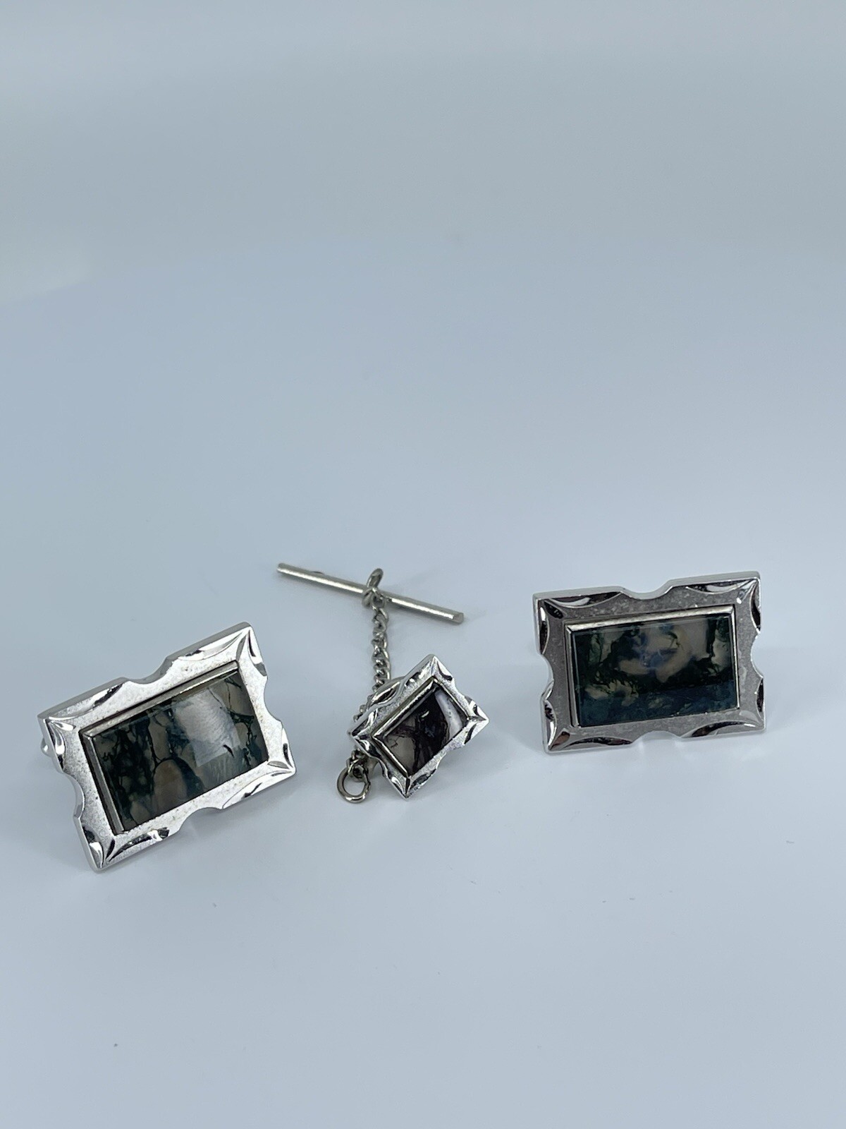 Swank Cufflink and Tie Tack set Jadeite rectangle silver tone 3/4″