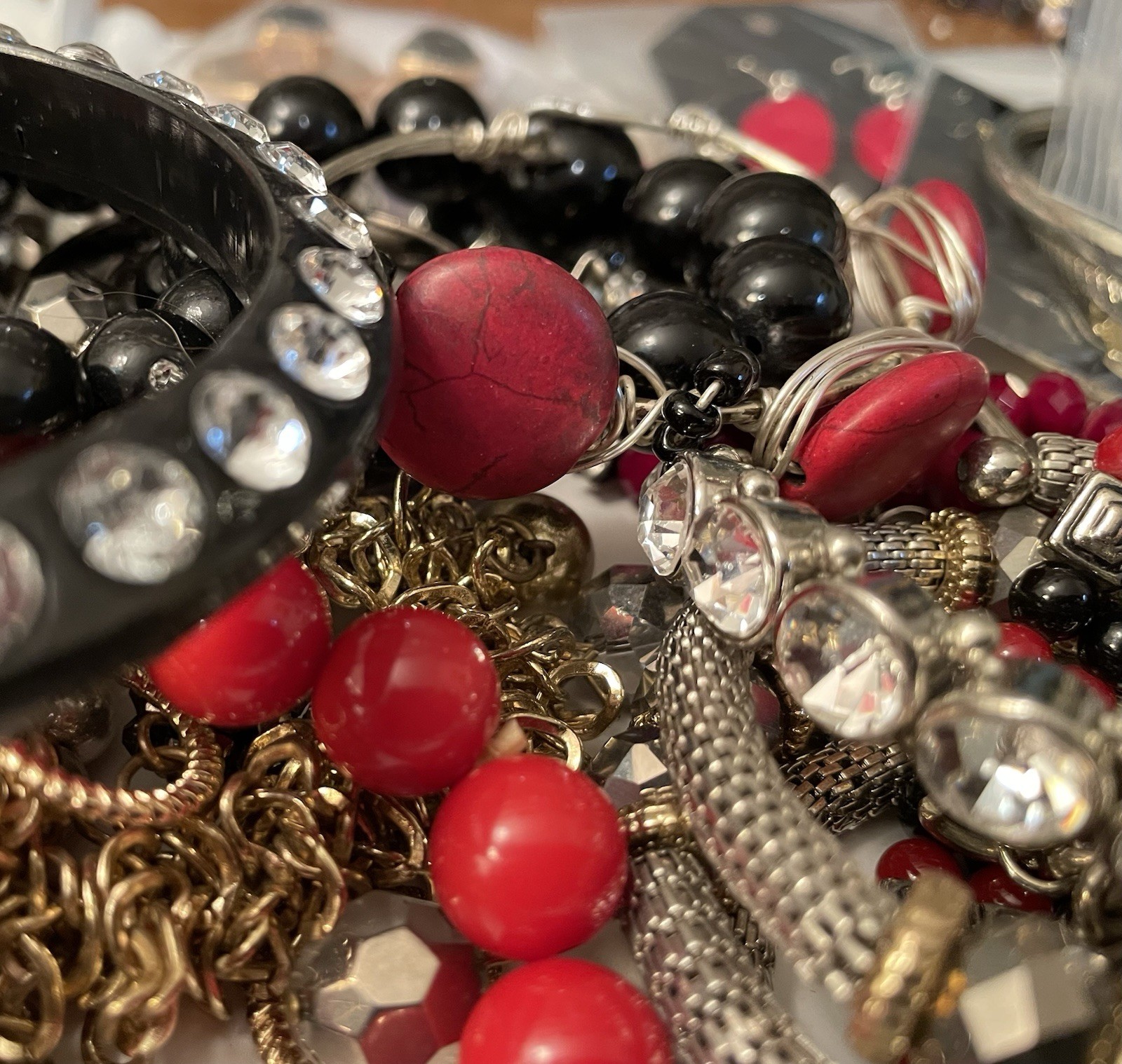 4.6 Lbs Mixed Beaded Jewelry Lot Black Red White Silver Tone Gold Tone Boho Vtg