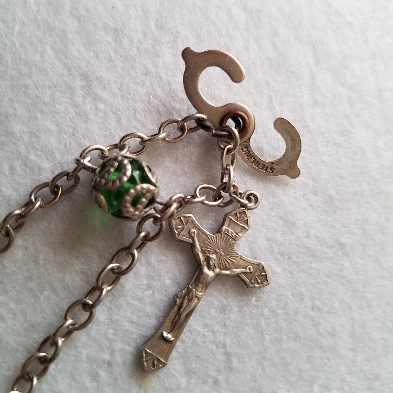 Vintage Sterling Chain Capped Green Bead Rosary Bracelet